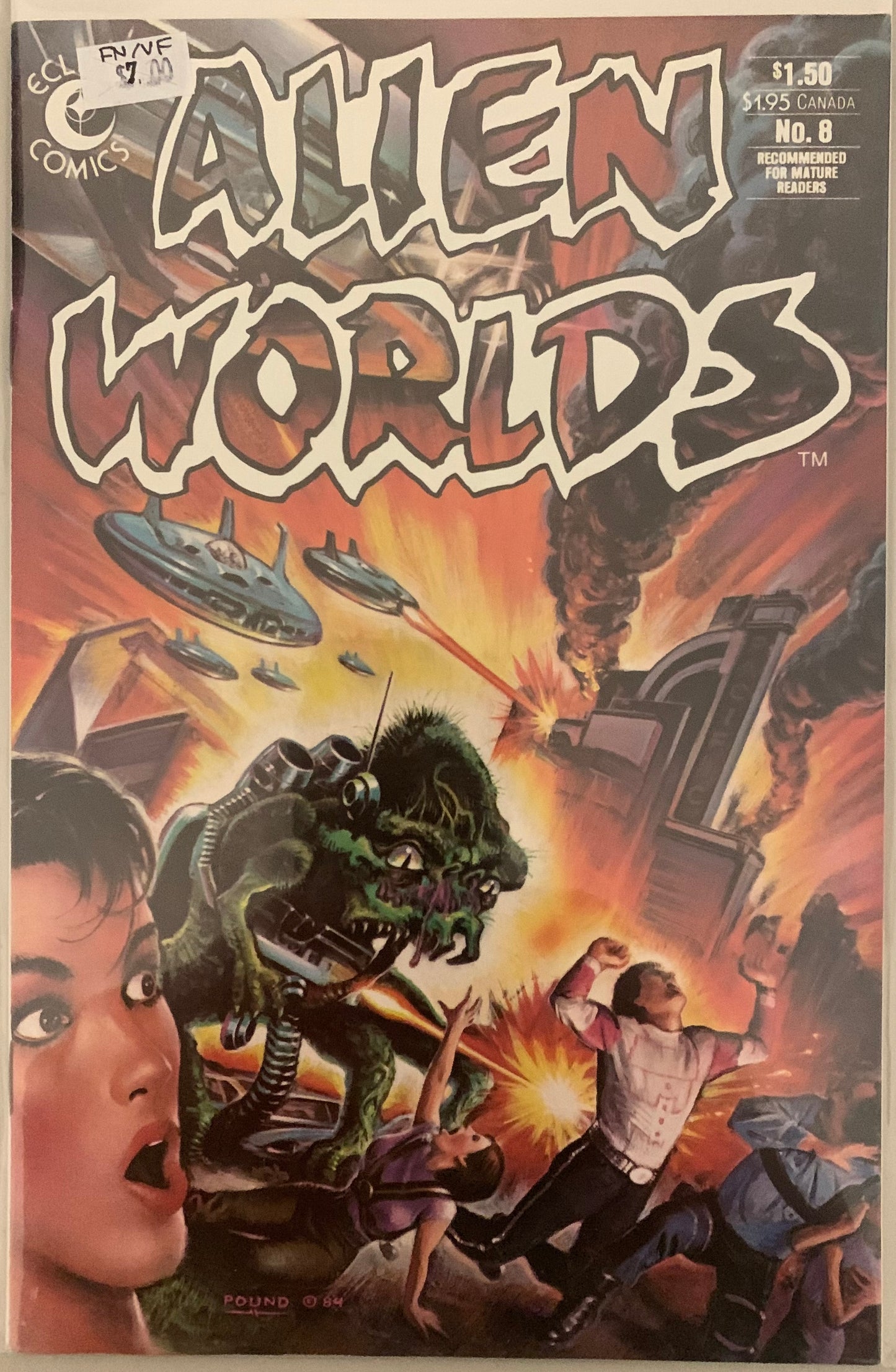Vintage Comic book cover titled 'Alien Worlds' featuring a creature and people in a dramatic scene.