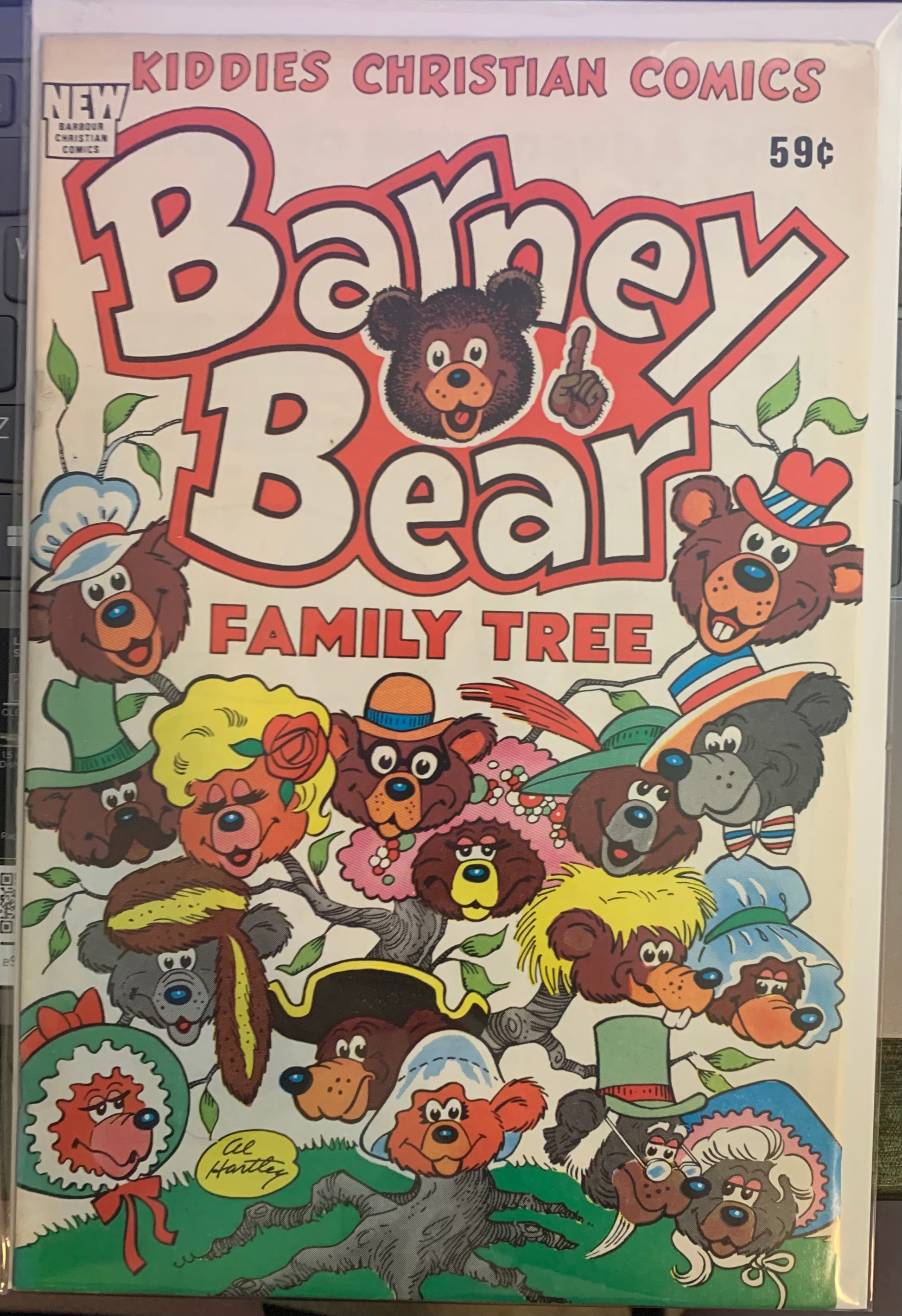 Comic book cover of 'Barney Bear Family Tree' with cartoon bears in the form of a tree and colorful text.