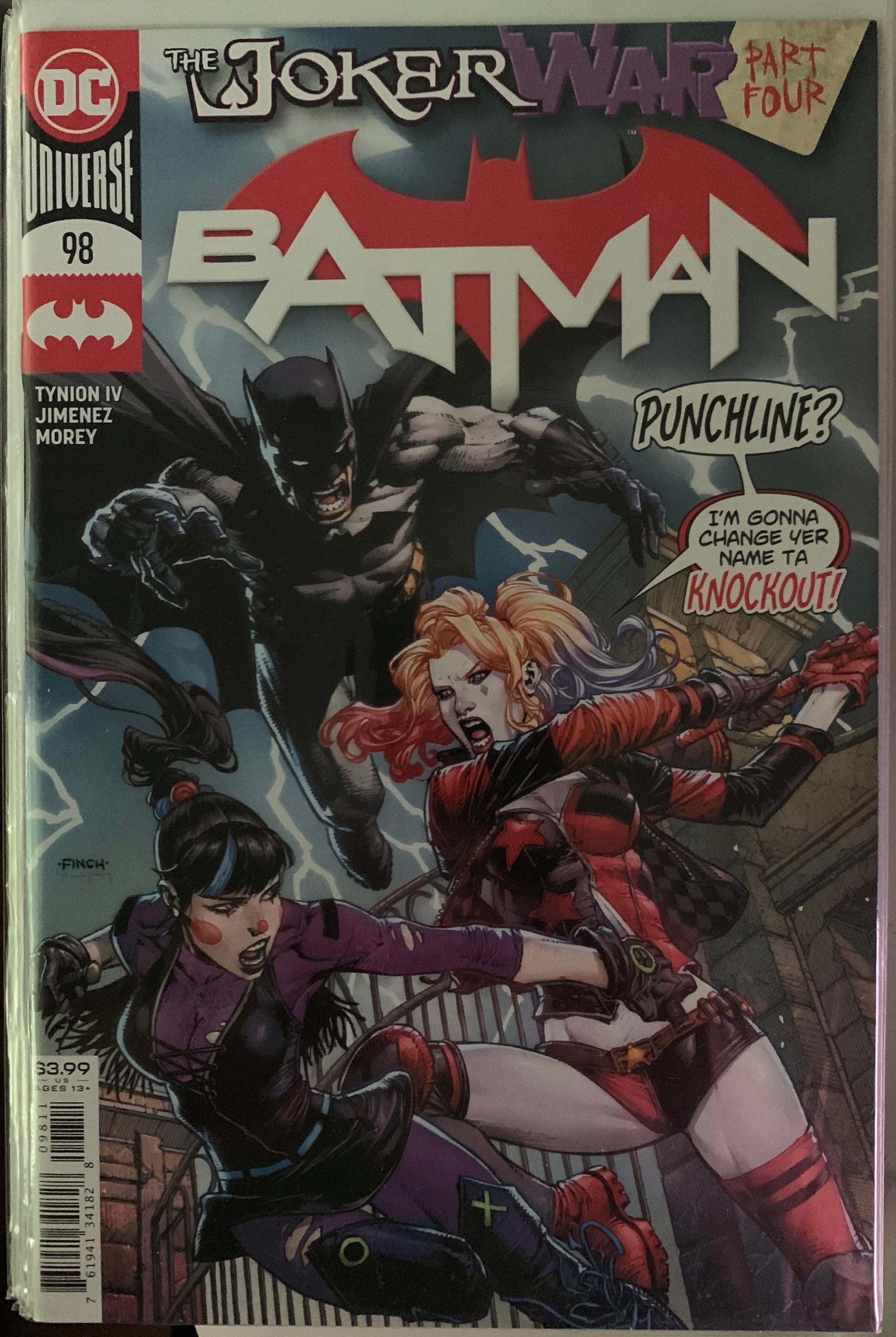 Comic book cover featuring Batman, Harley Quinn and Punchline with dynamic poses.