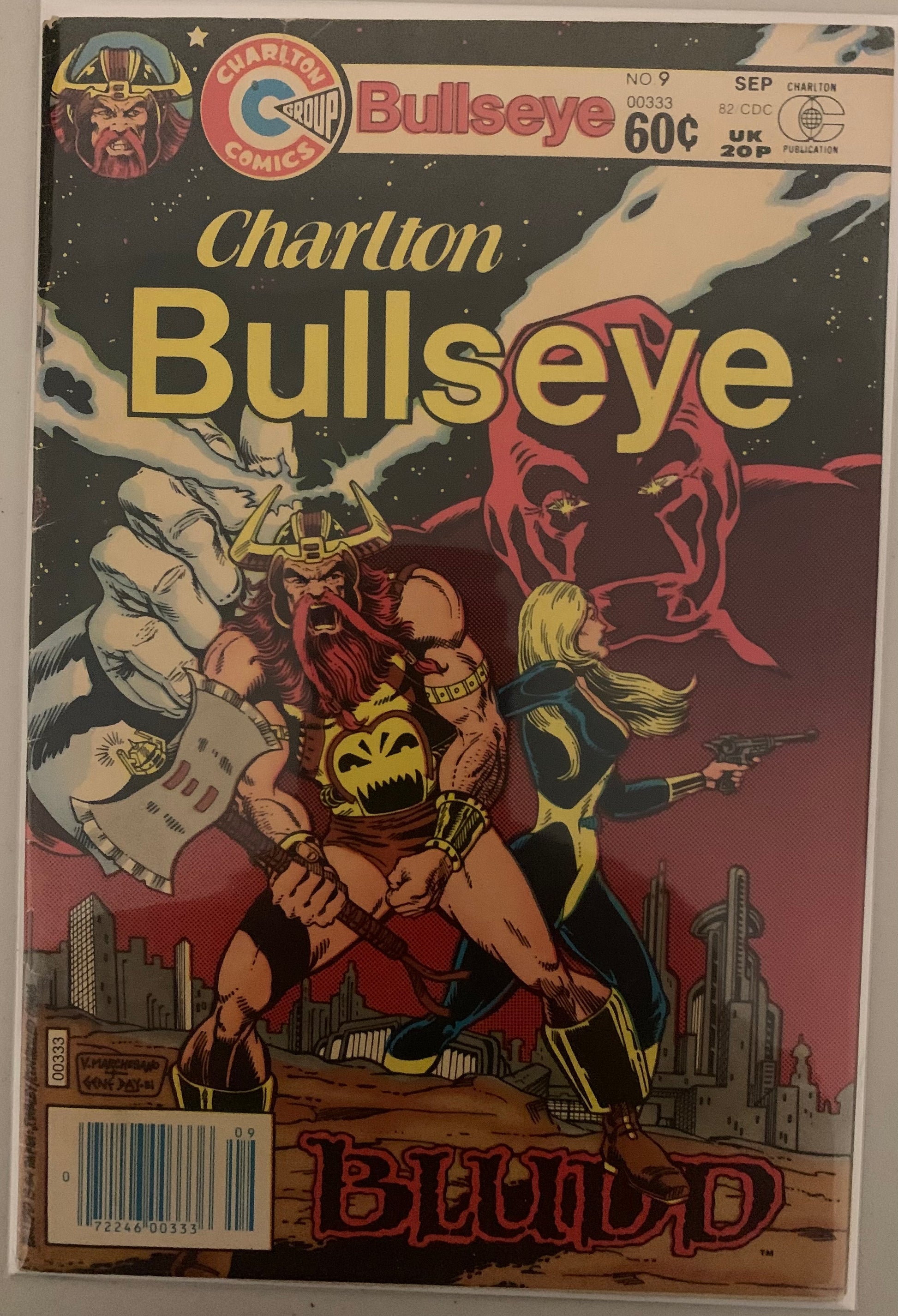 Vintage Comic book cover featuring 'Charlton Bullseye' a barbarian with an axe and a woman with a gun fighting together against an ominous creature in a red and black background