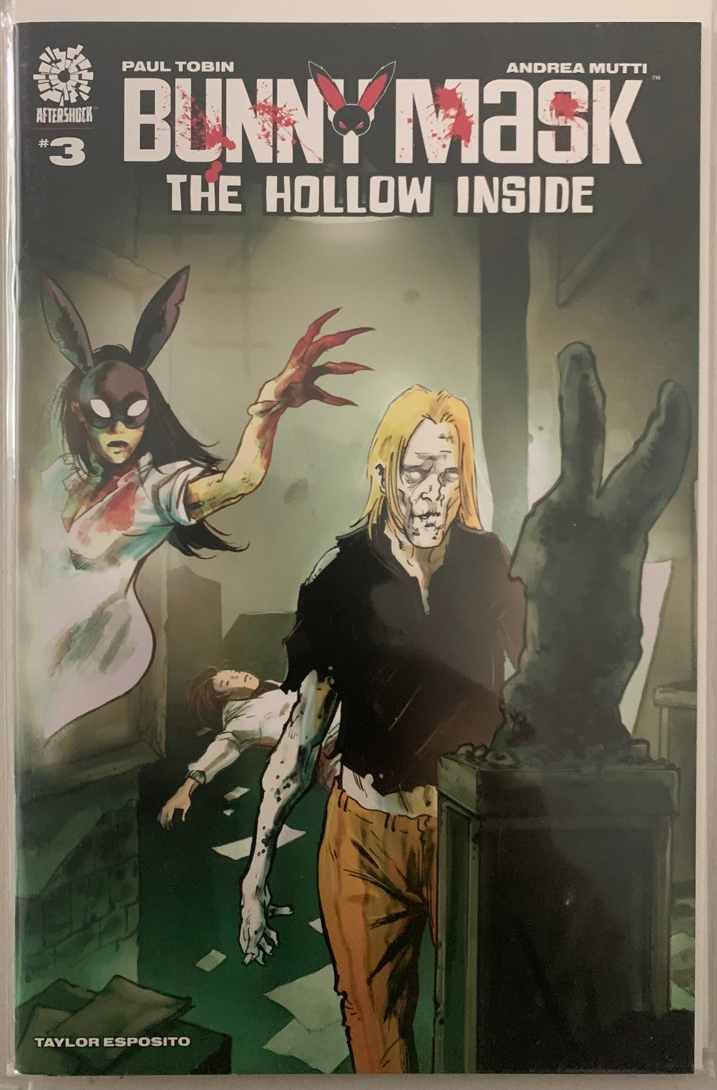 Comic book cover titled 'Bunny Mask: The Hollow Inside' with a character with bloody clothes, a bunny mask, and a bloody claw reaching for an unsuspecting character. There's a body in the background.