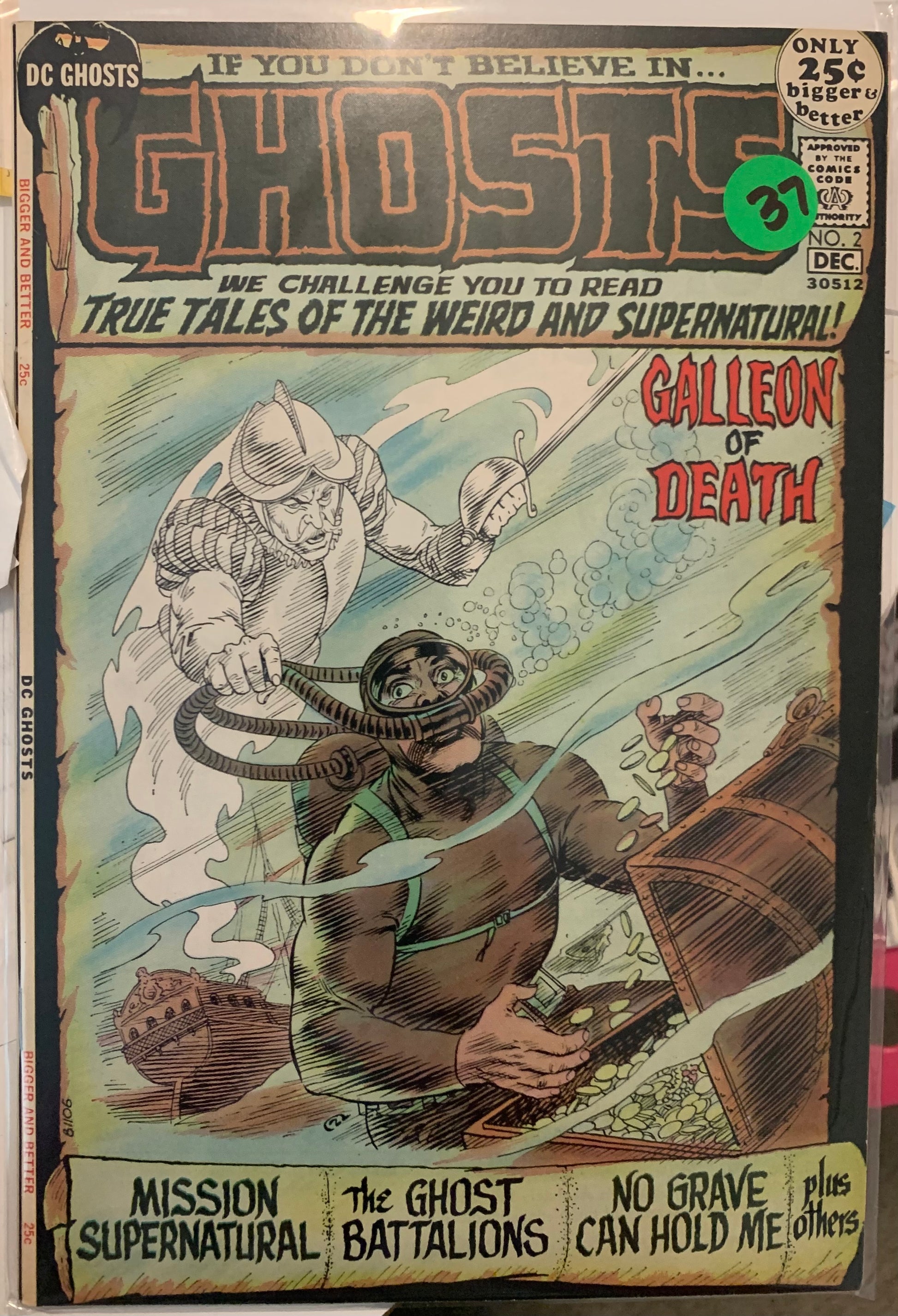 Vintage Comic book cover featuring a ghost and a person in a diving suit with text about 'Ghosts' and 'Galleon of Death'.