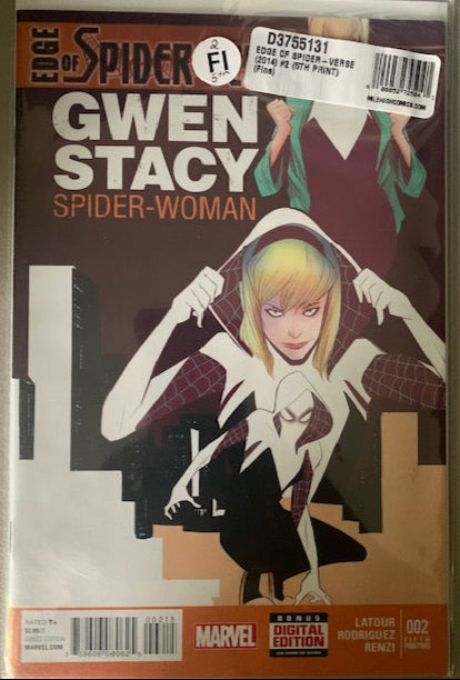 Comic book cover featuring Spider-Gwen with a cityscape background