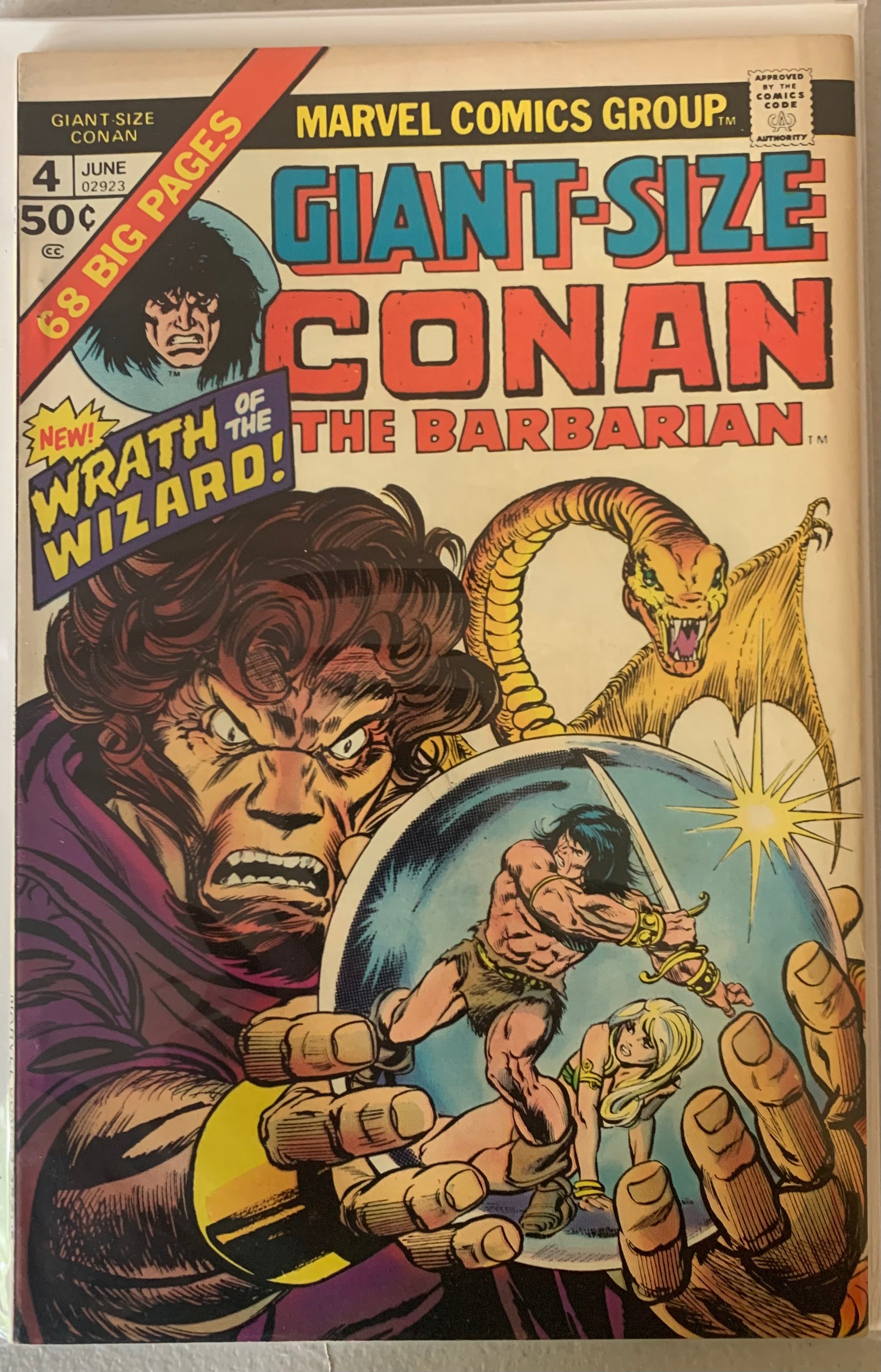 Comic book cover of 'Giant-Size Conan the Barbarian' featuring Conan and a woman trapped in a sphere and a villain holding it.