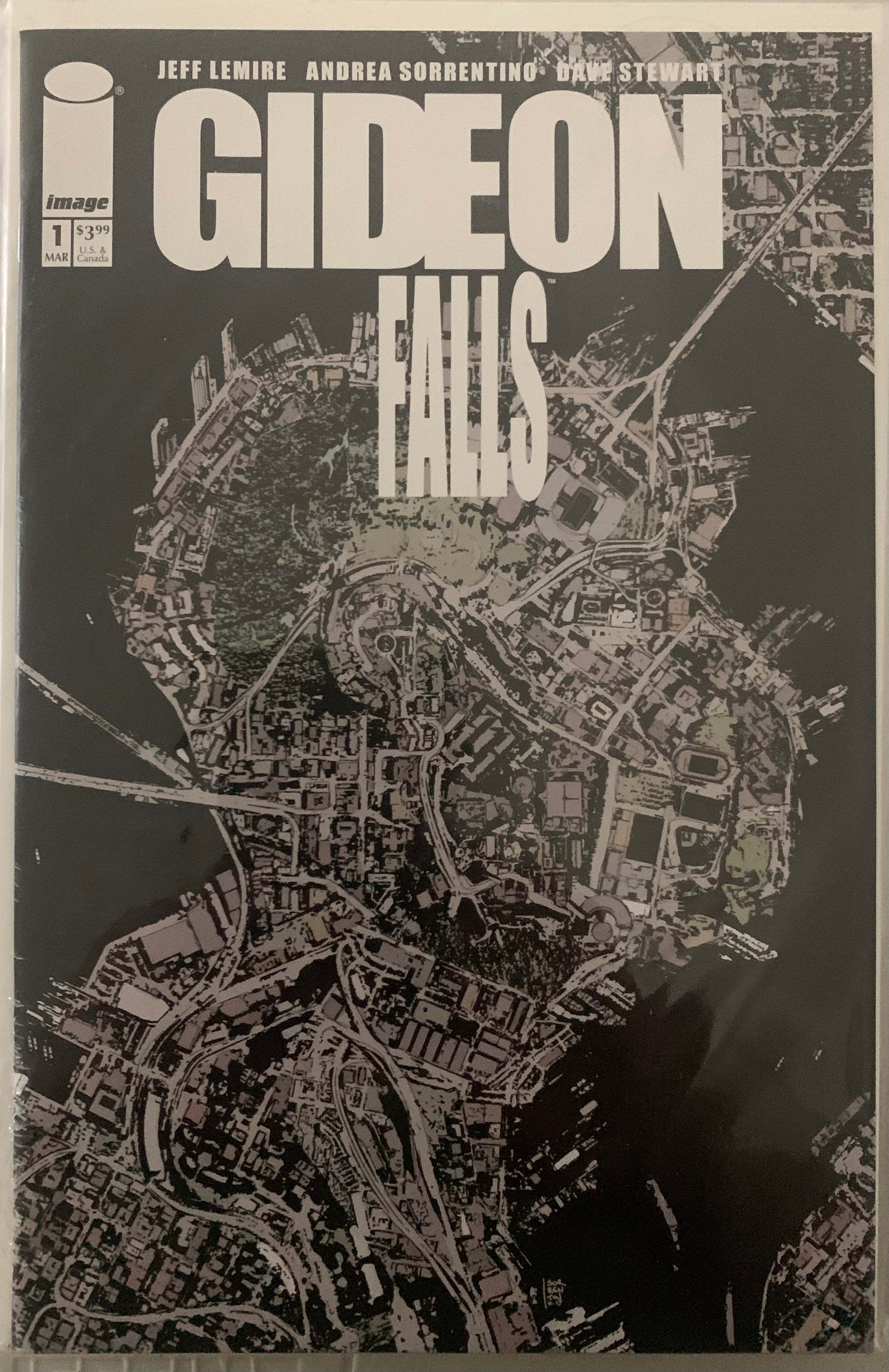 Comic book cover of 'Gideon Falls' with a map design in the shape of a person's head and shoulders on a black background
