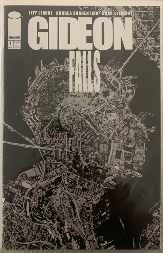 Comic book cover of 'Gideon Falls' with a map design in the shape of a person's head and shoulders on a black background
