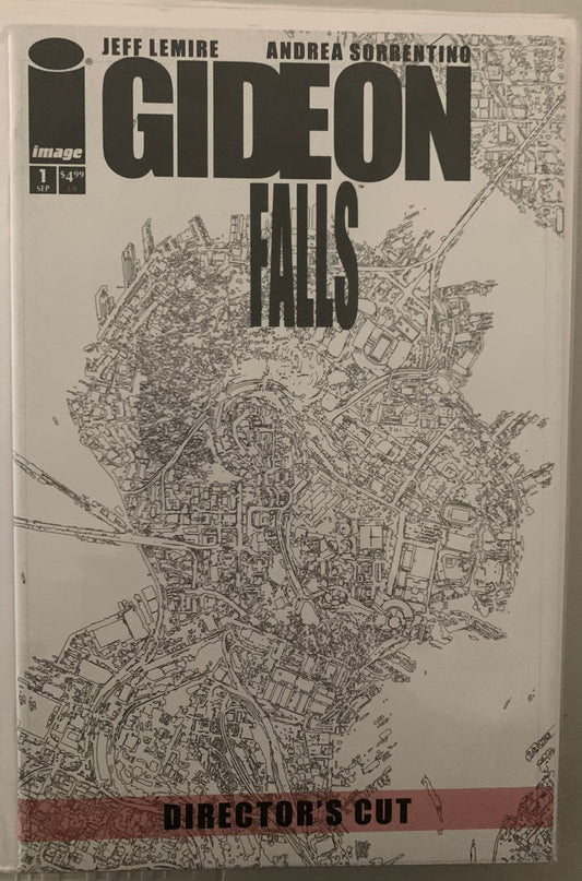 Comic book cover of 'Gideon Falls' with a map illustration in the shape of a person's head and shoulders on the cover.