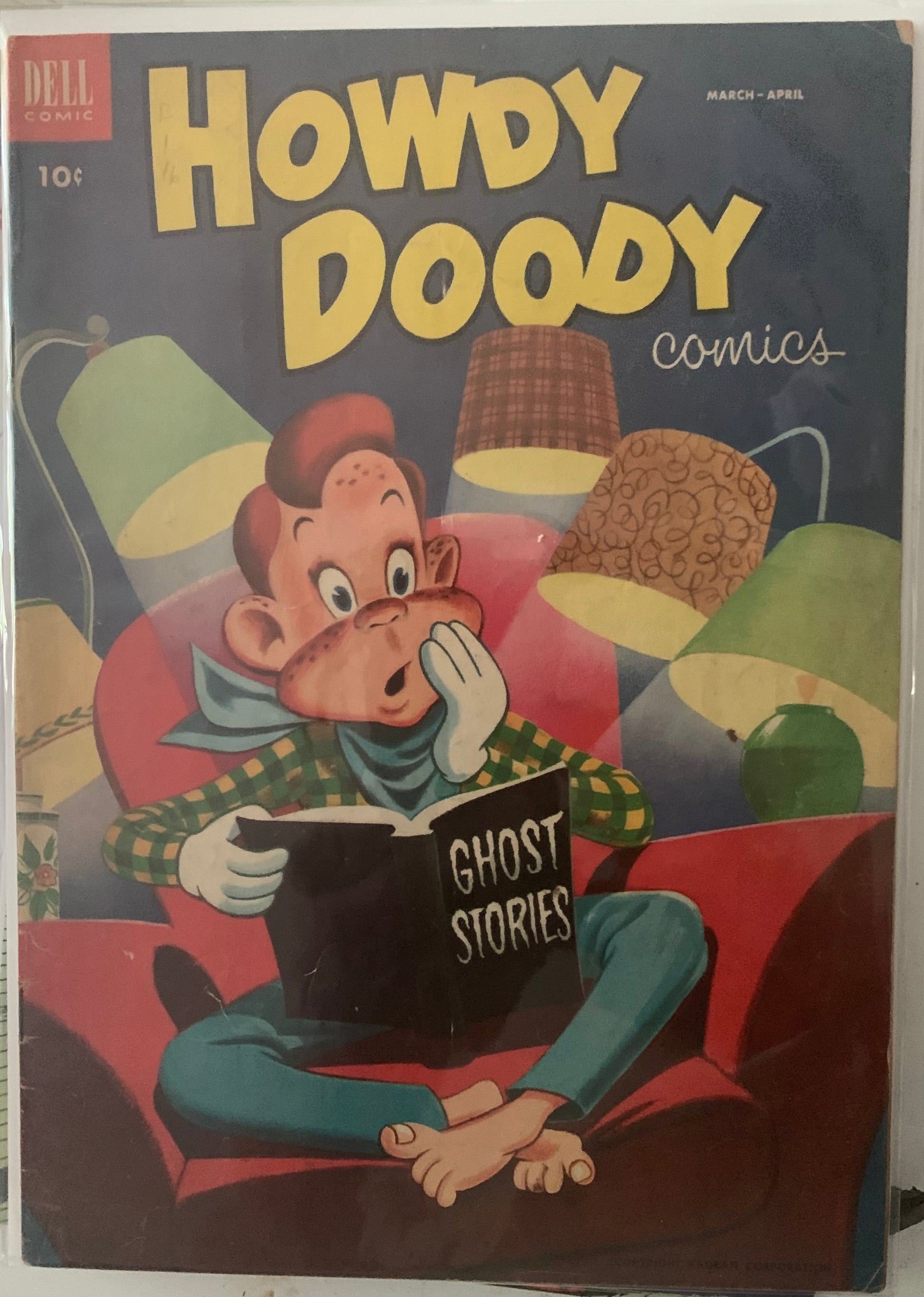 Vintage comic book cover of 'Howdy Doody' reading a book titled 'Ghost Stories'.