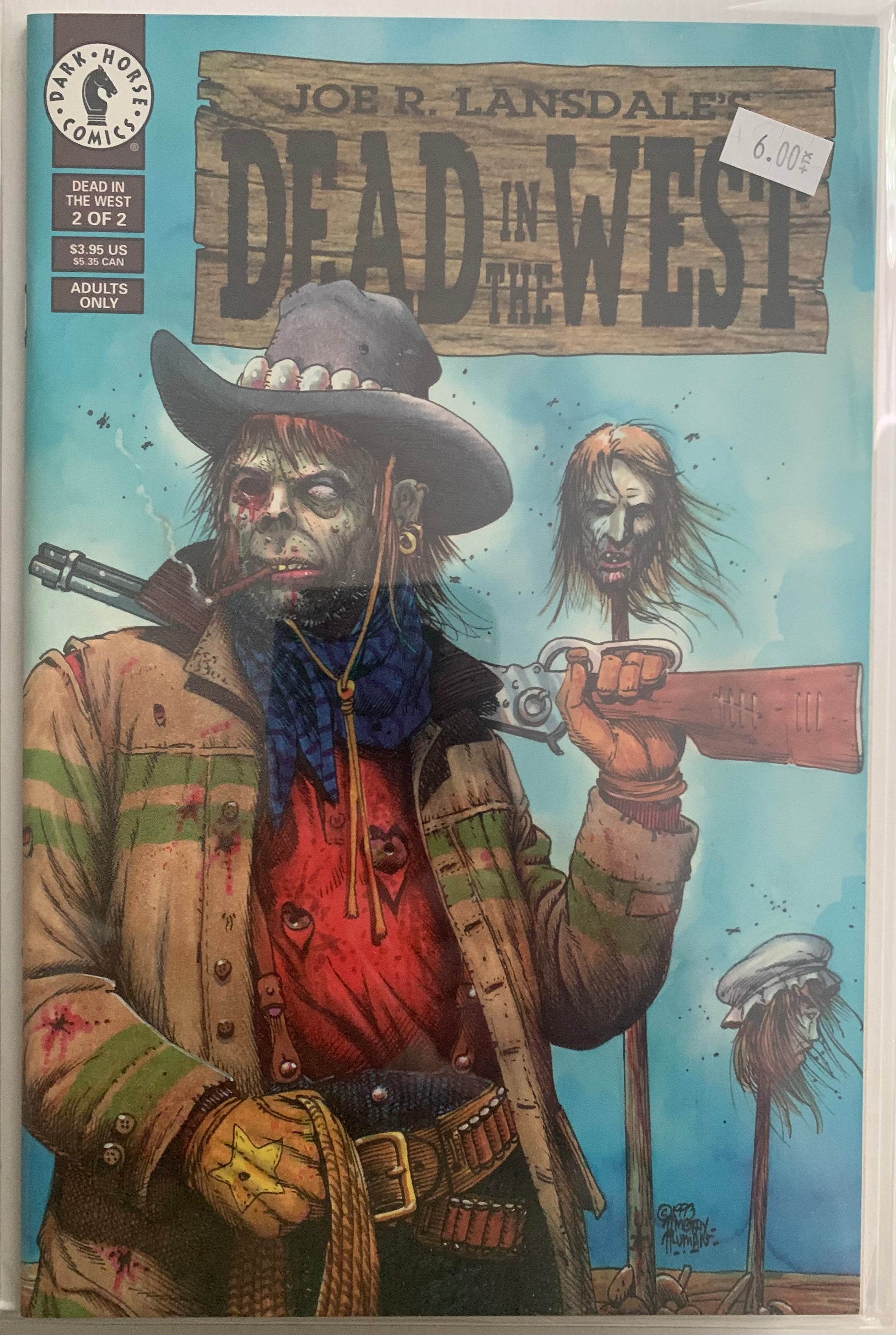 Comic book cover featuring a zombie cowboy holding a rifle with a blue sky background.