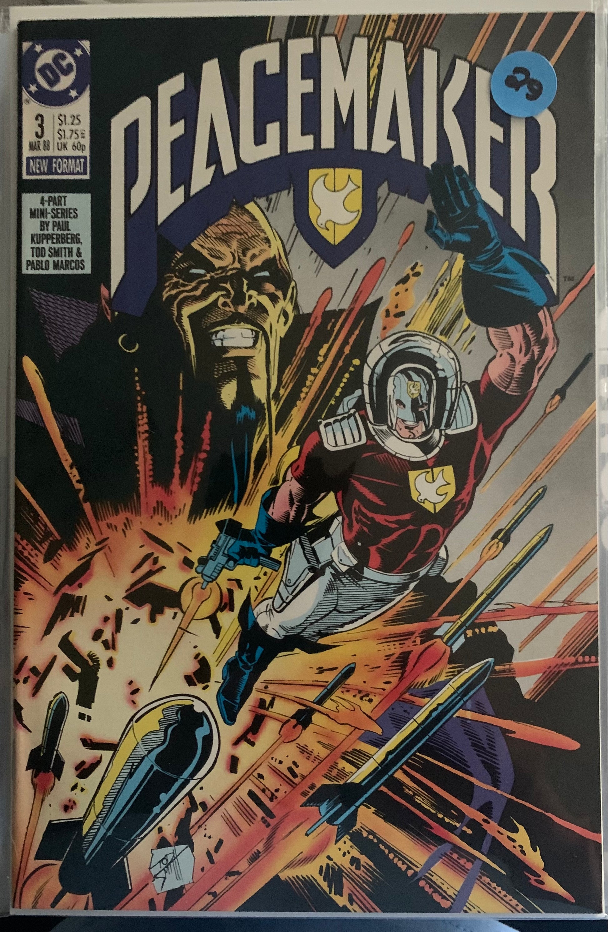 Comic book cover of 'Peacemaker' with dynamic artwork and prominent text.