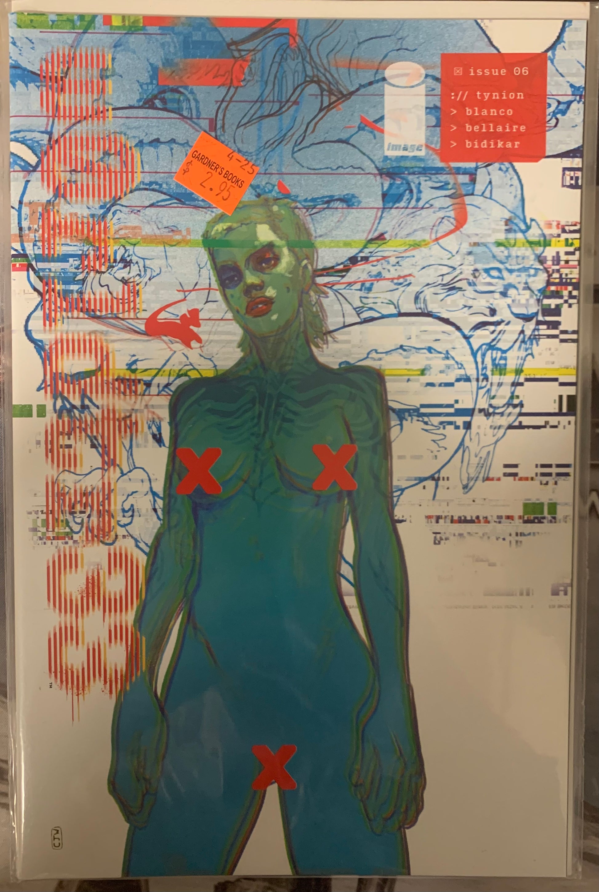 Artistic depiction of a figure with red 'X' marks on a colorful abstract background.