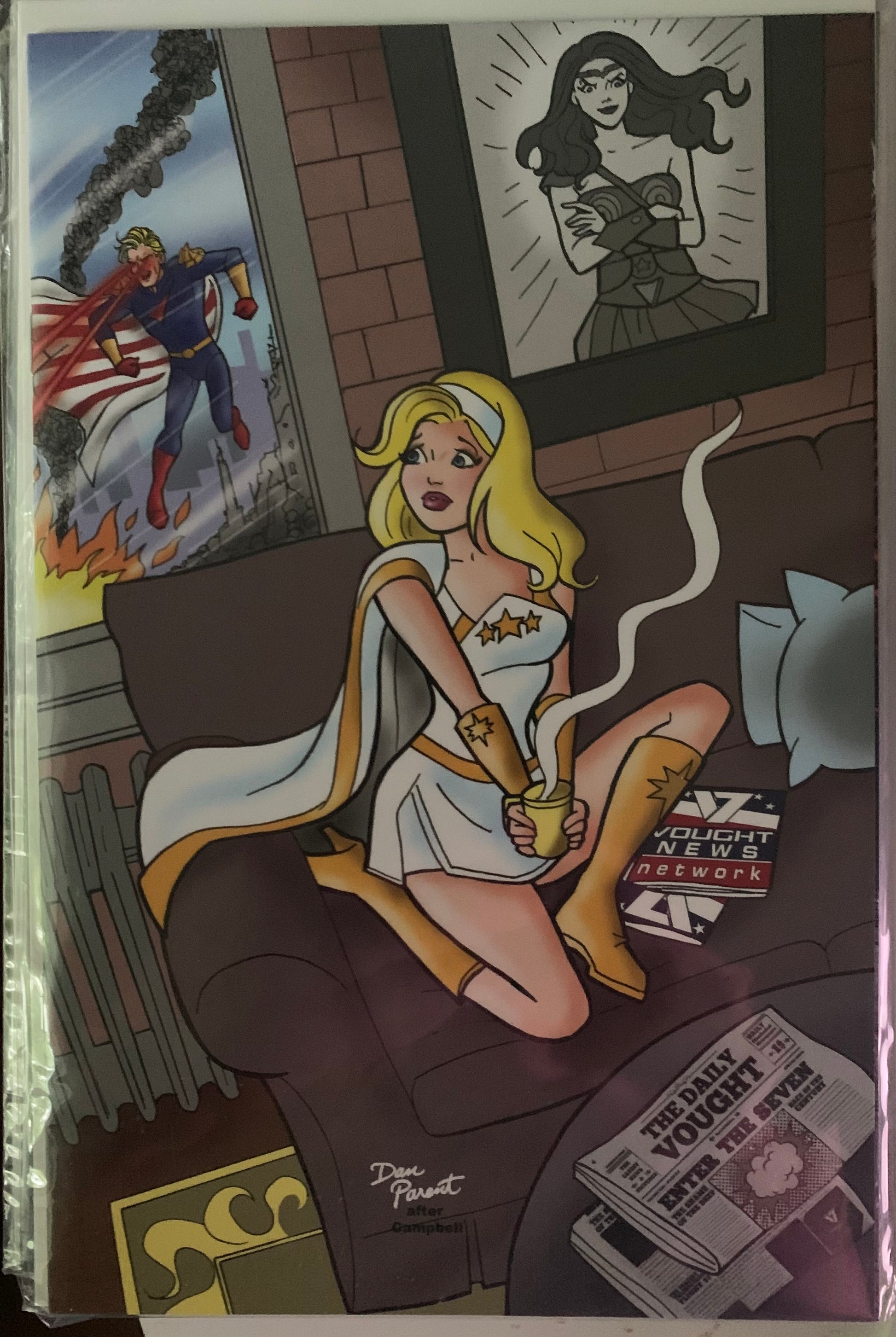 Starlight  in a superhero-themed room with posters and a couch.