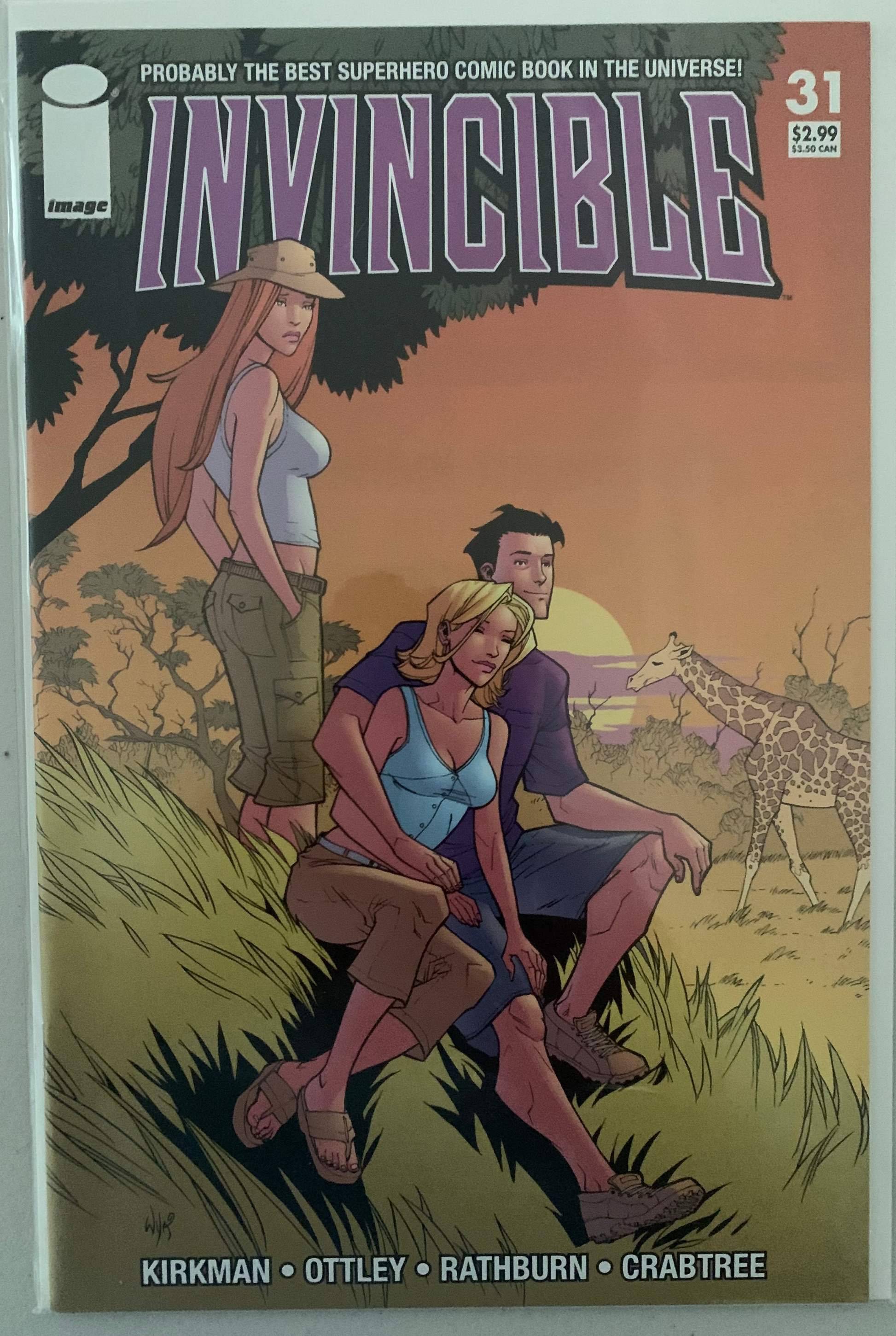 Comic book cover of 'Invincible' featuring two characters in a natural setting with a giraffe while Atom Eve looks at them longingly from behind.