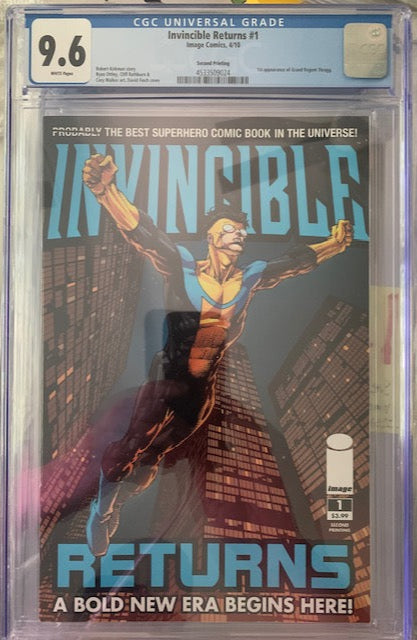 Graded Comic book titled 'Invincible Returns' with CGC grading label and Invincible flying across a skyscraper background