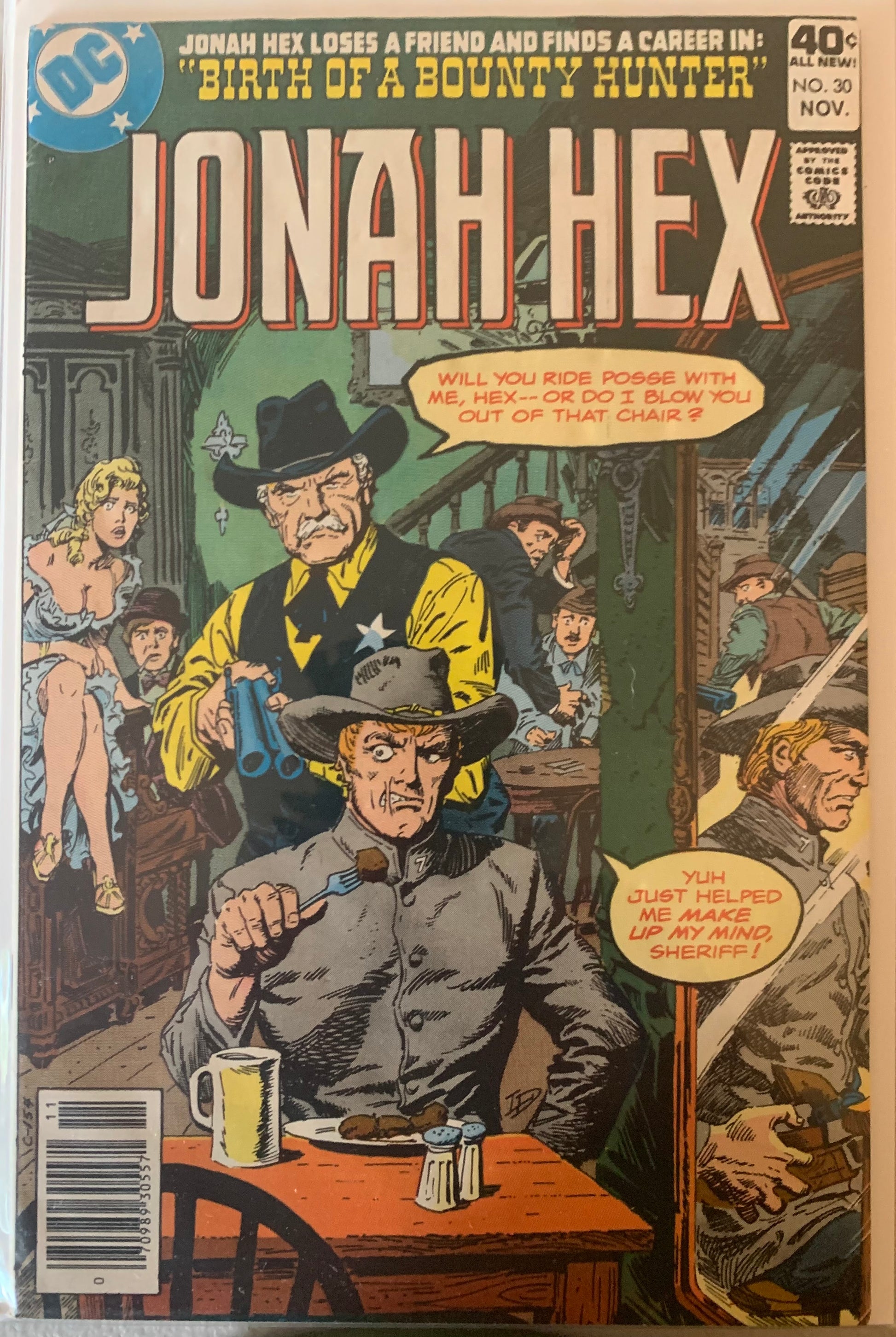Comic book cover featuring 'Jonah Hex' with a cowboy scene and text bubbles.