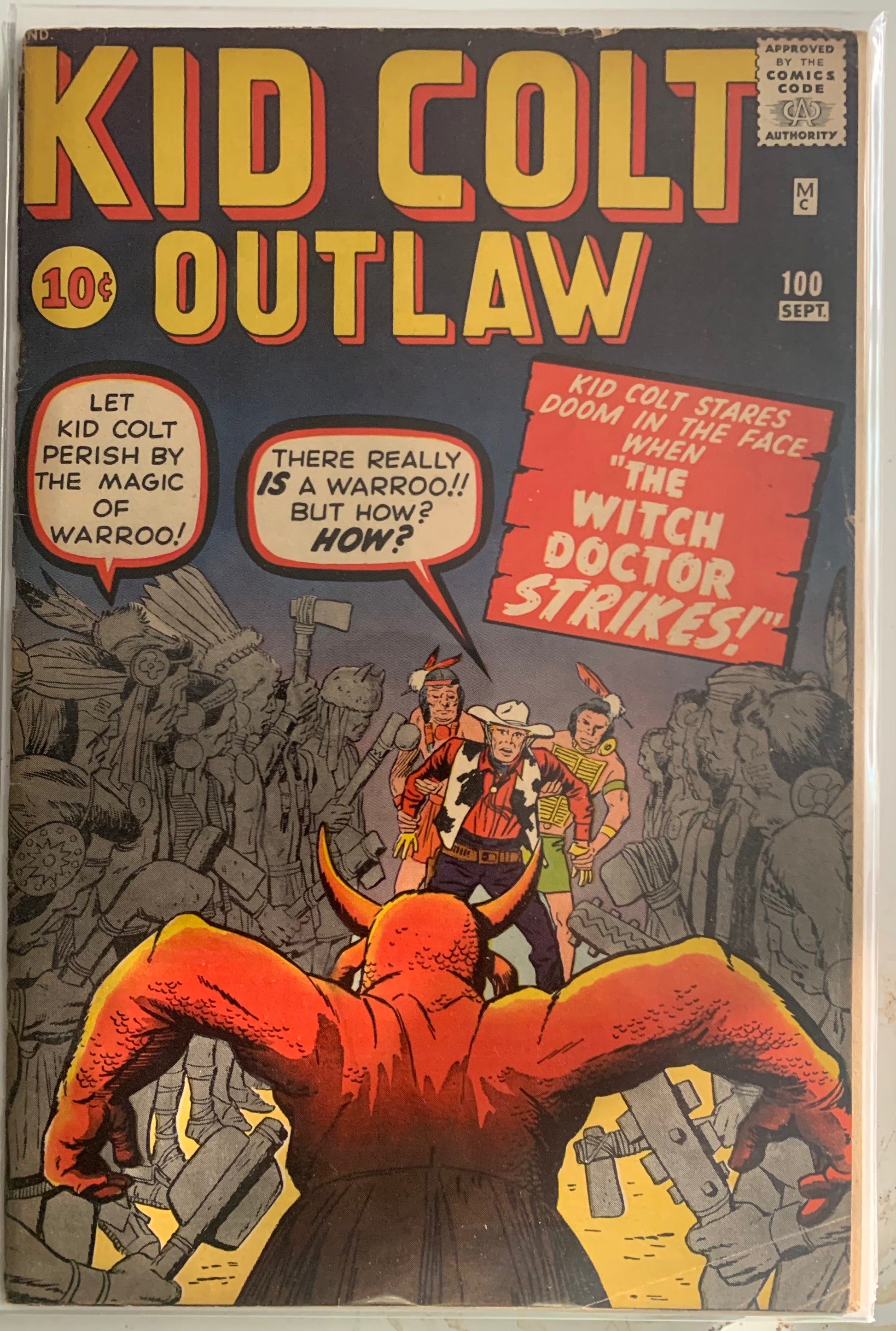 Comic book cover of 'Kid Colt Outlaw' featuring a dramatic scene with a creature and characters.