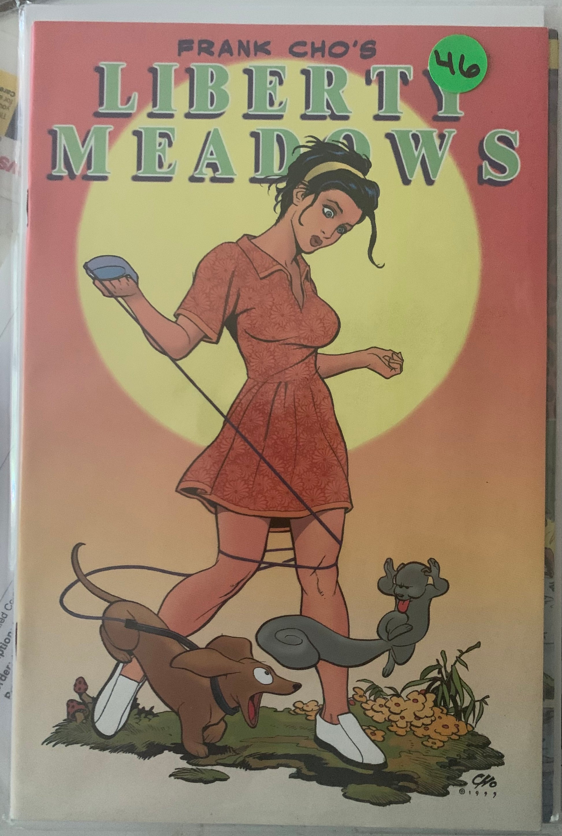 Comic book cover of 'Liberty Meadows' with a woman tangled in a  dog leash with a dog and a squirrel on a pastel background.