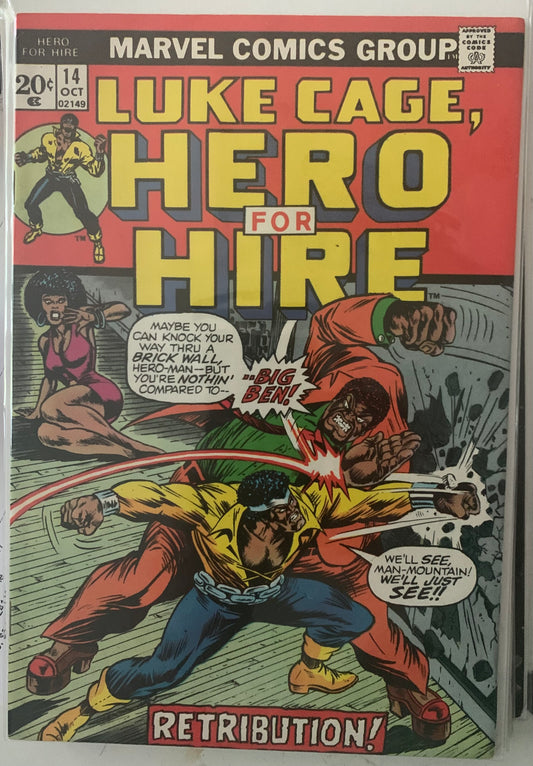 Vintage Comic book cover of 'Luke Cage, Hero for Hire' with a fight scene and text. Retribution!