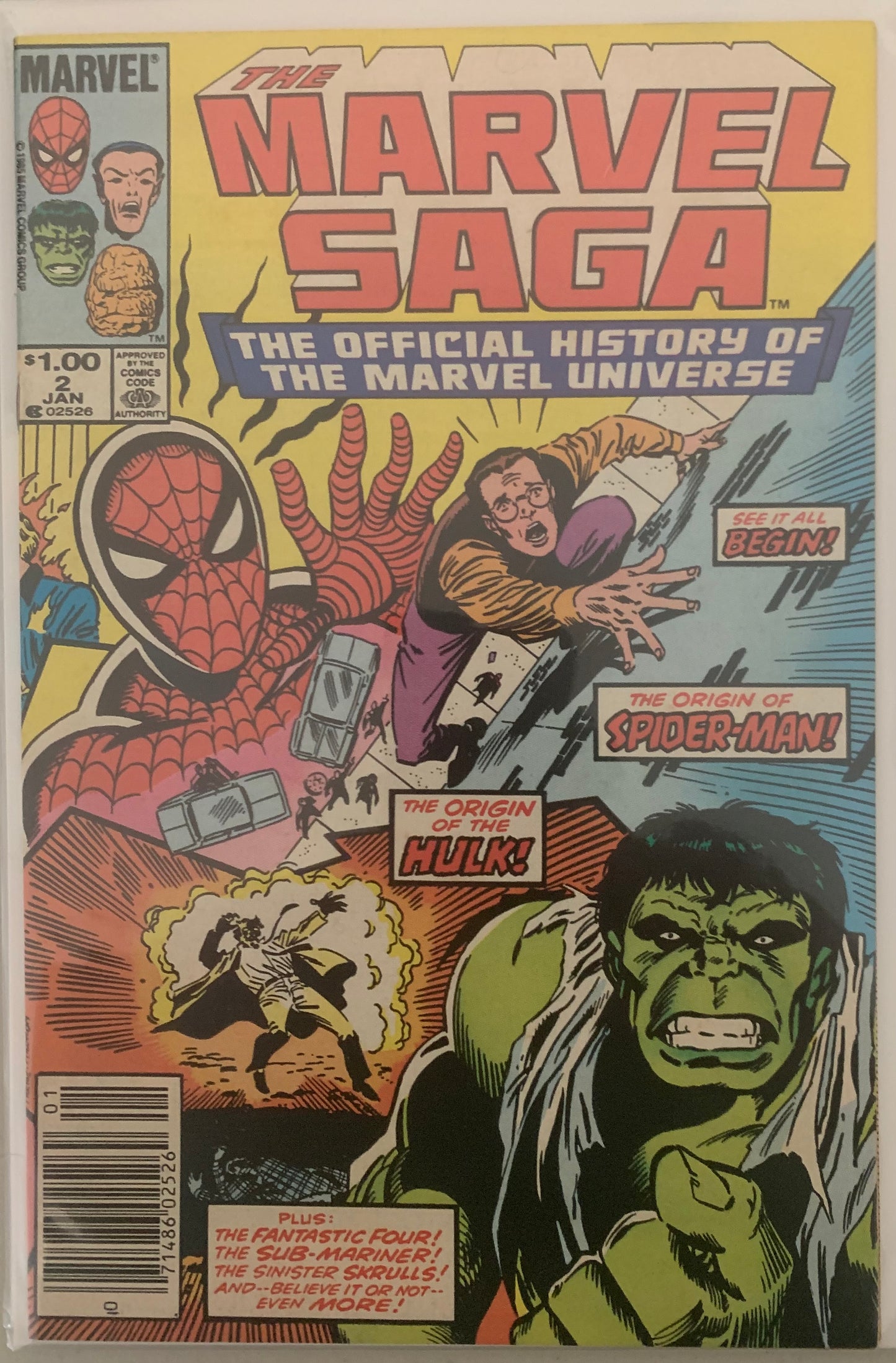 Vintage Comic book cover with the official history of the Marvel Universe featuring Spider-Man and Hulk.