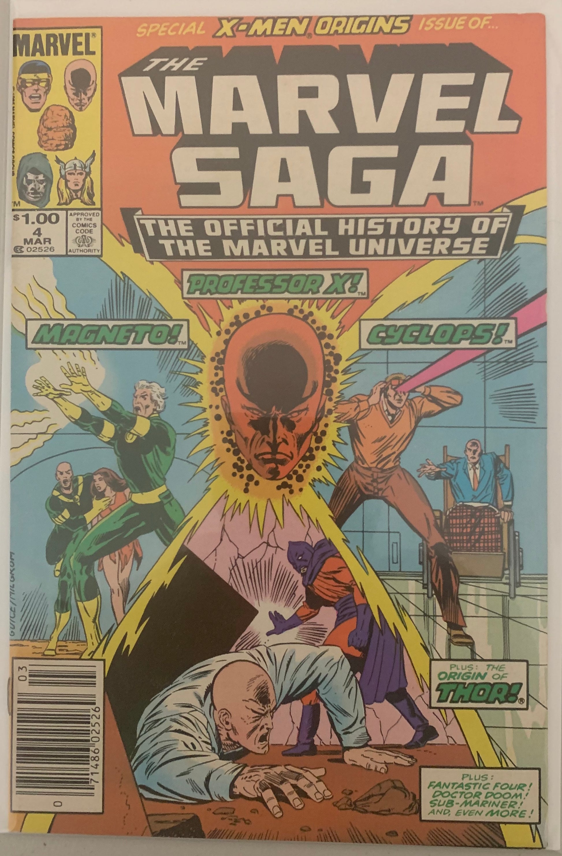 Vintage Comic book cover of 'The Marvel Saga' The Official History of the Marvel Universe featuring Cyclops, Professor X, and Magneto.