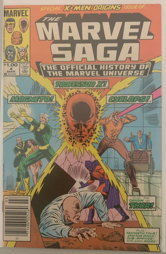 Vintage Comic book cover of 'The Marvel Saga' The Official History of the Marvel Universe featuring Cyclops, Professor X, and Magneto.