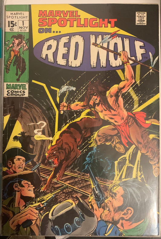 Vintage Comic book cover featuring 'Marvel Spotlight on Red Wolf' with action-packed western scene in a mining tunnel.