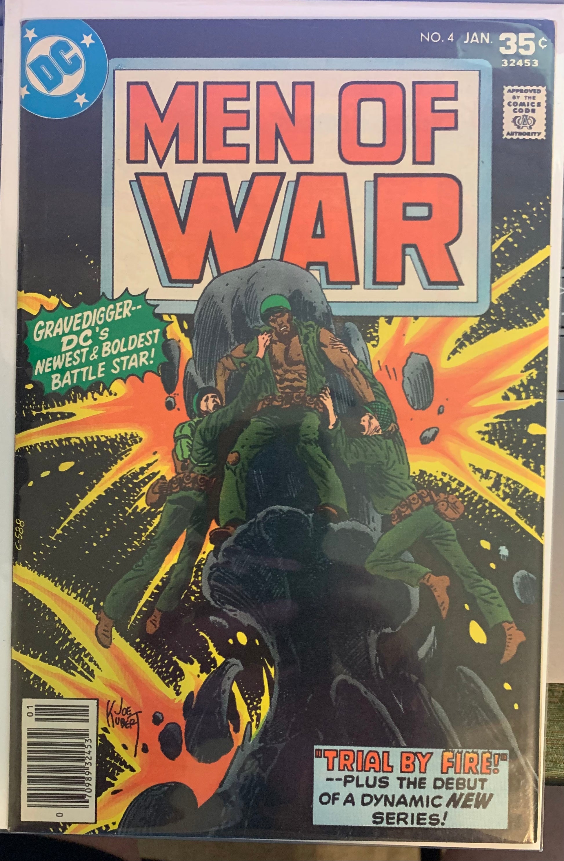 Vintage Comic book cover titled 'Men of War' with a character on a ledge and vibrant colors.