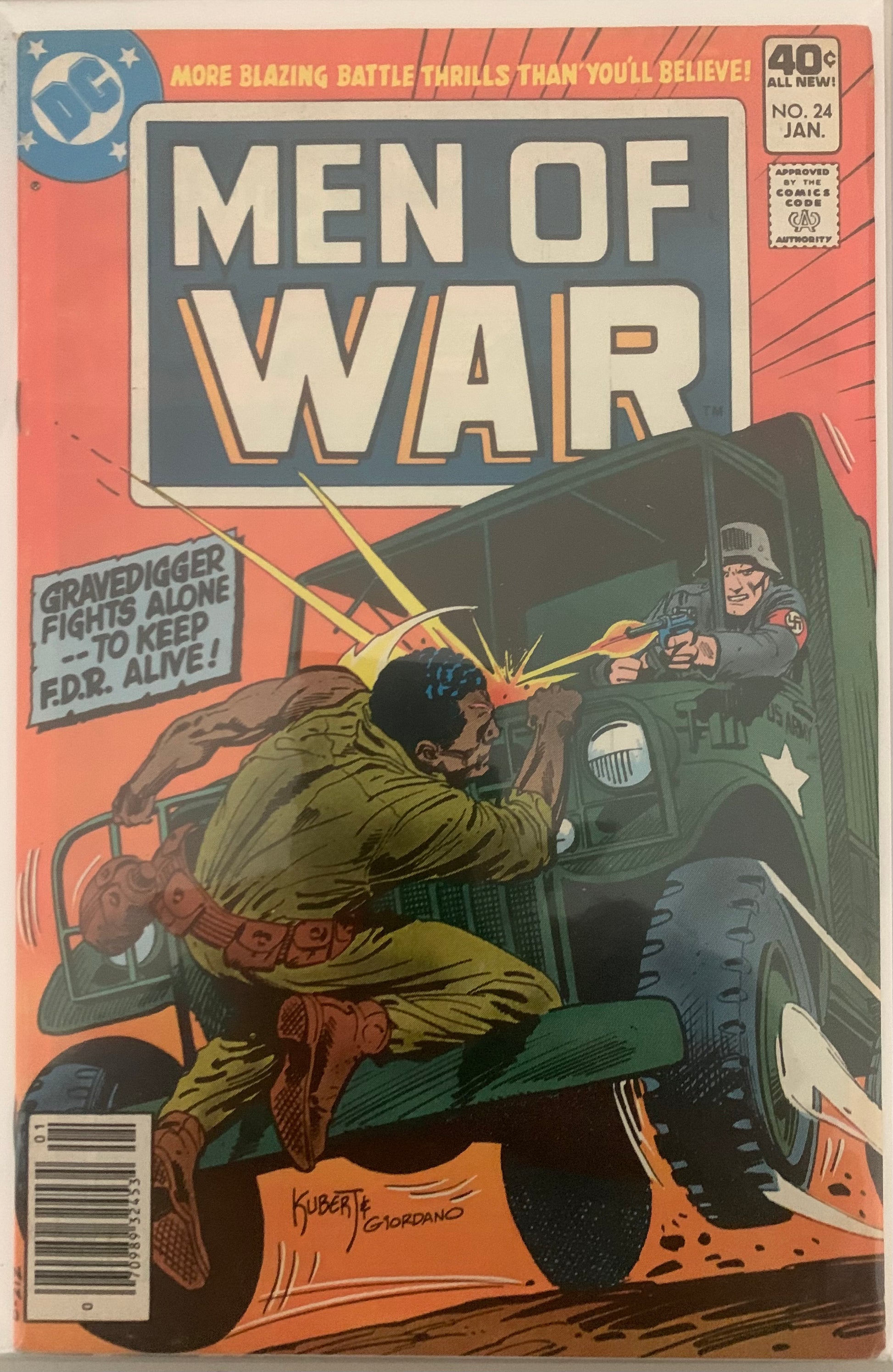 Vintage Comic book cover titled 'Men of War' with a soldier and jeep illustration.