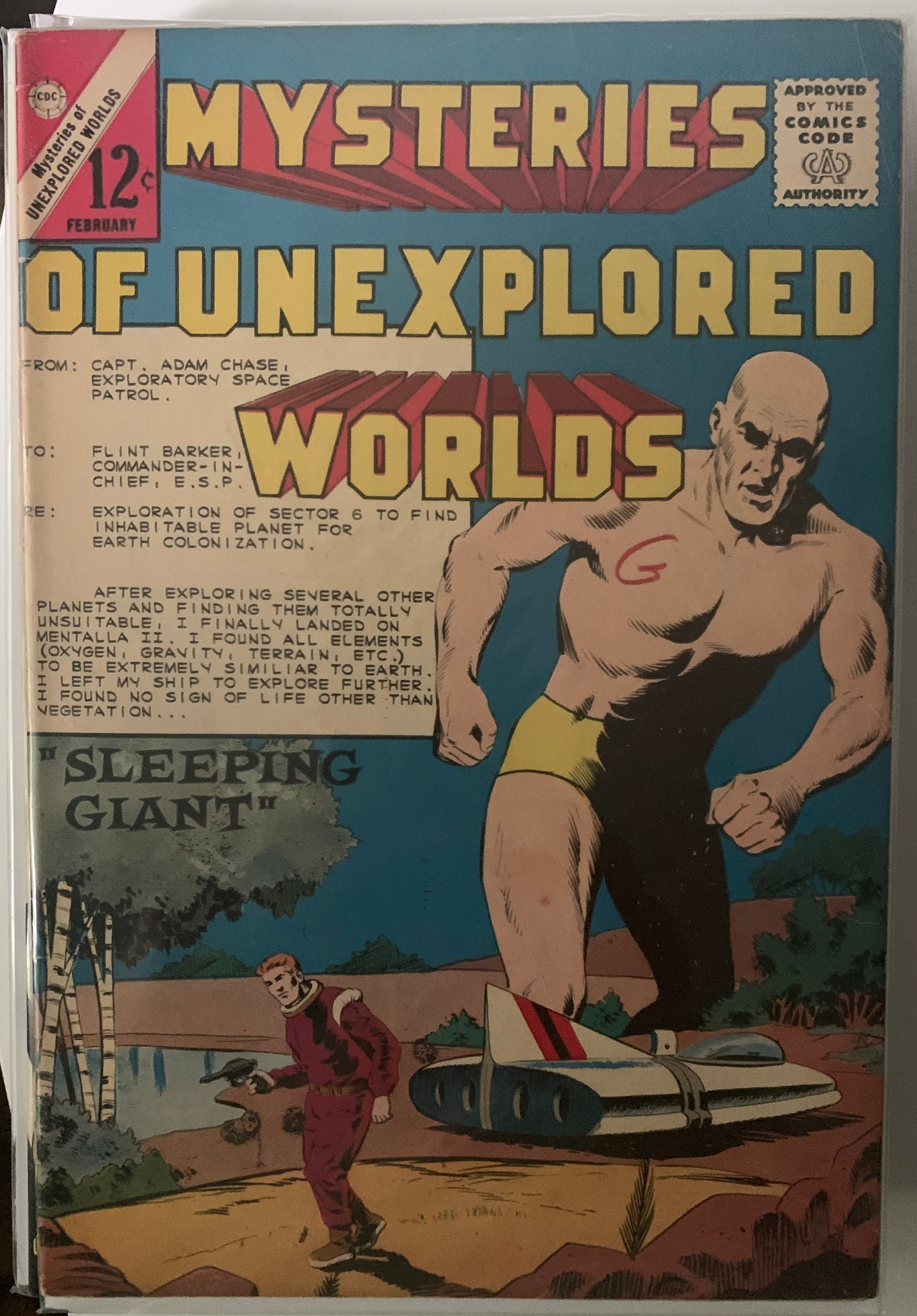 Comic book cover titled 'Mysteries of Unexplored Worlds' with a muscular giant and text.