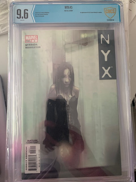 Graded Comic book NYX 3 with X-23 in a protective case with a CBCS label and Marvel branding.