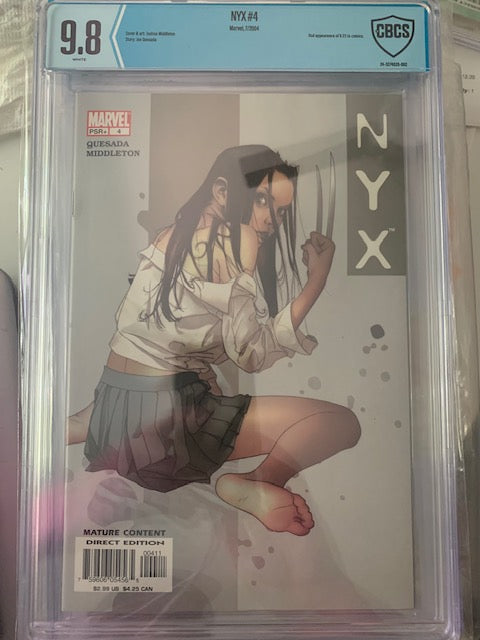Graded Comic book cover with X-23 in a white shirt and skirt, NYX branding, and CBCS certification label.
