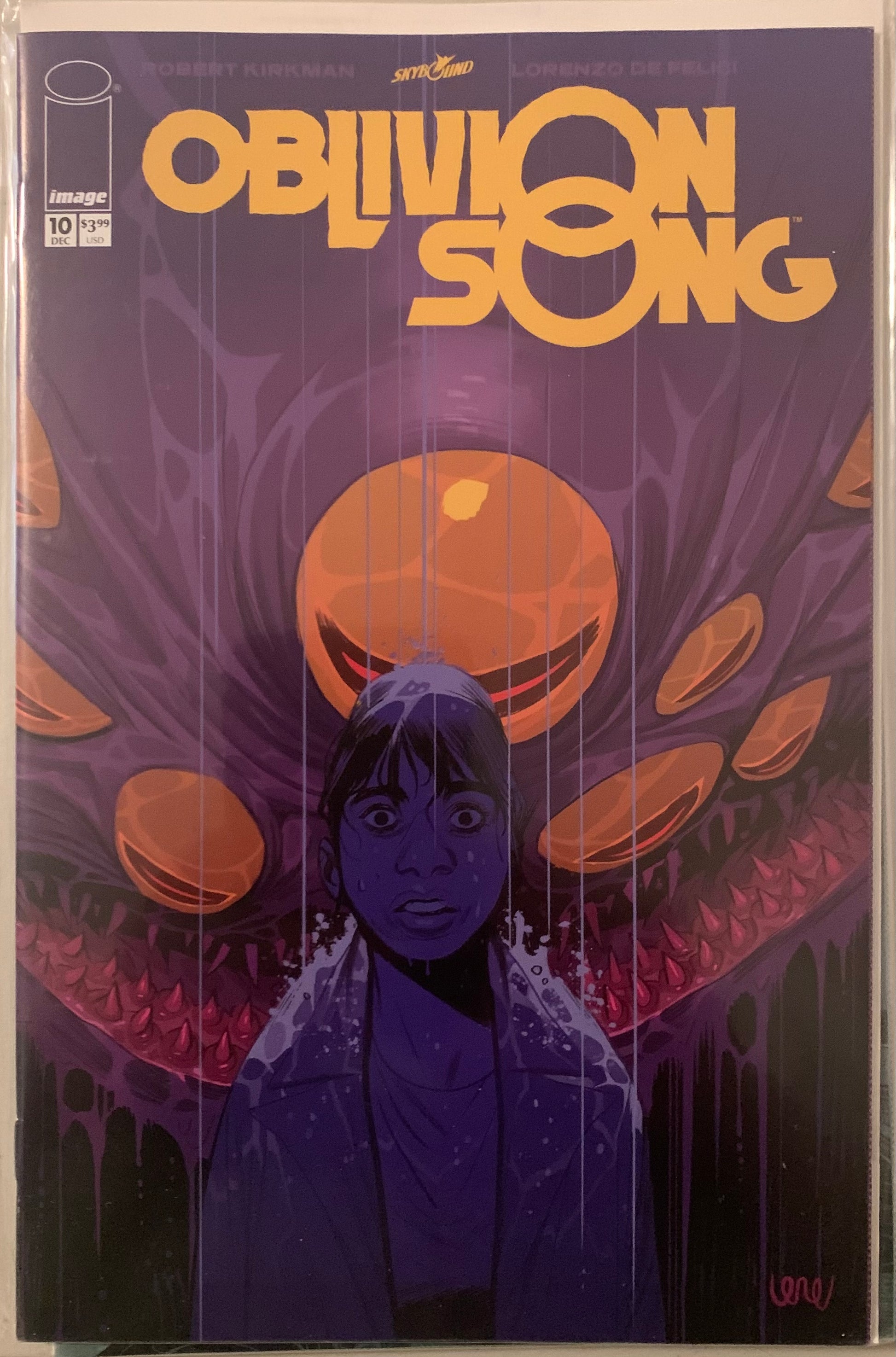 Comic book cover titled 'Oblivion Song' with a character in a hooded outfit and a creature with many eyes and teeth menacing from behind.