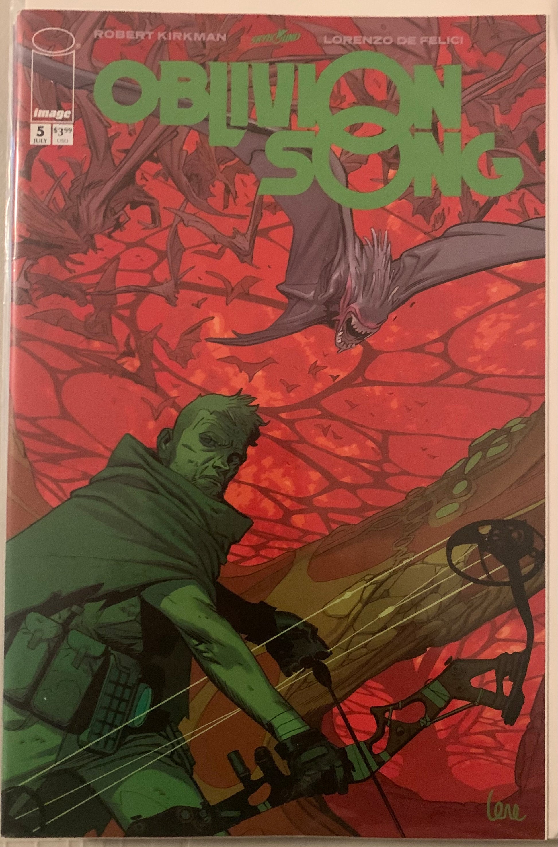 Comic book cover of 'Oblivion Song' with a character holding a bow and arrow against a red and brown background with flying creatures.