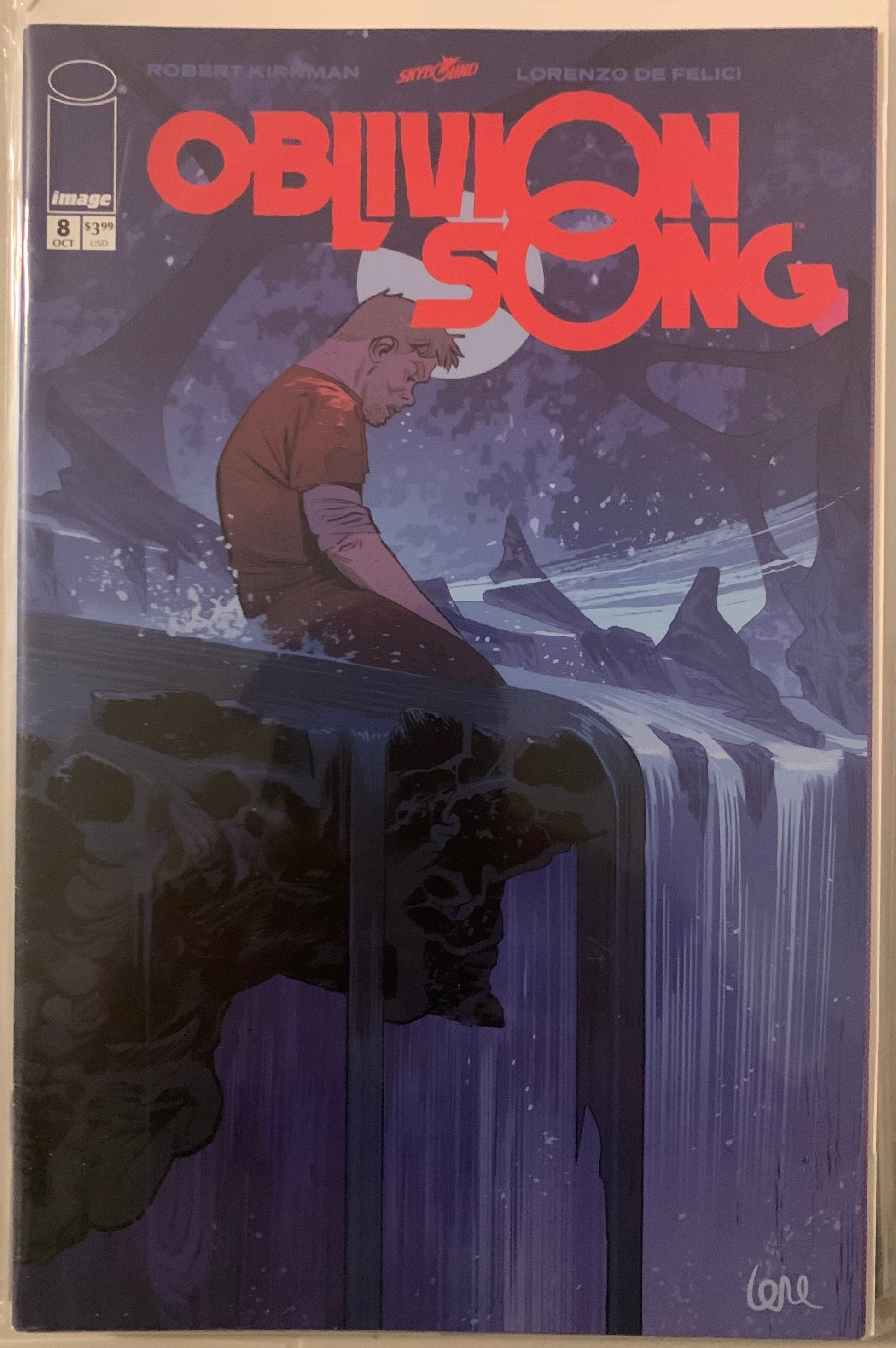 Comic book cover titled 'Oblivion Song' with a person sitting by a waterfall at night.