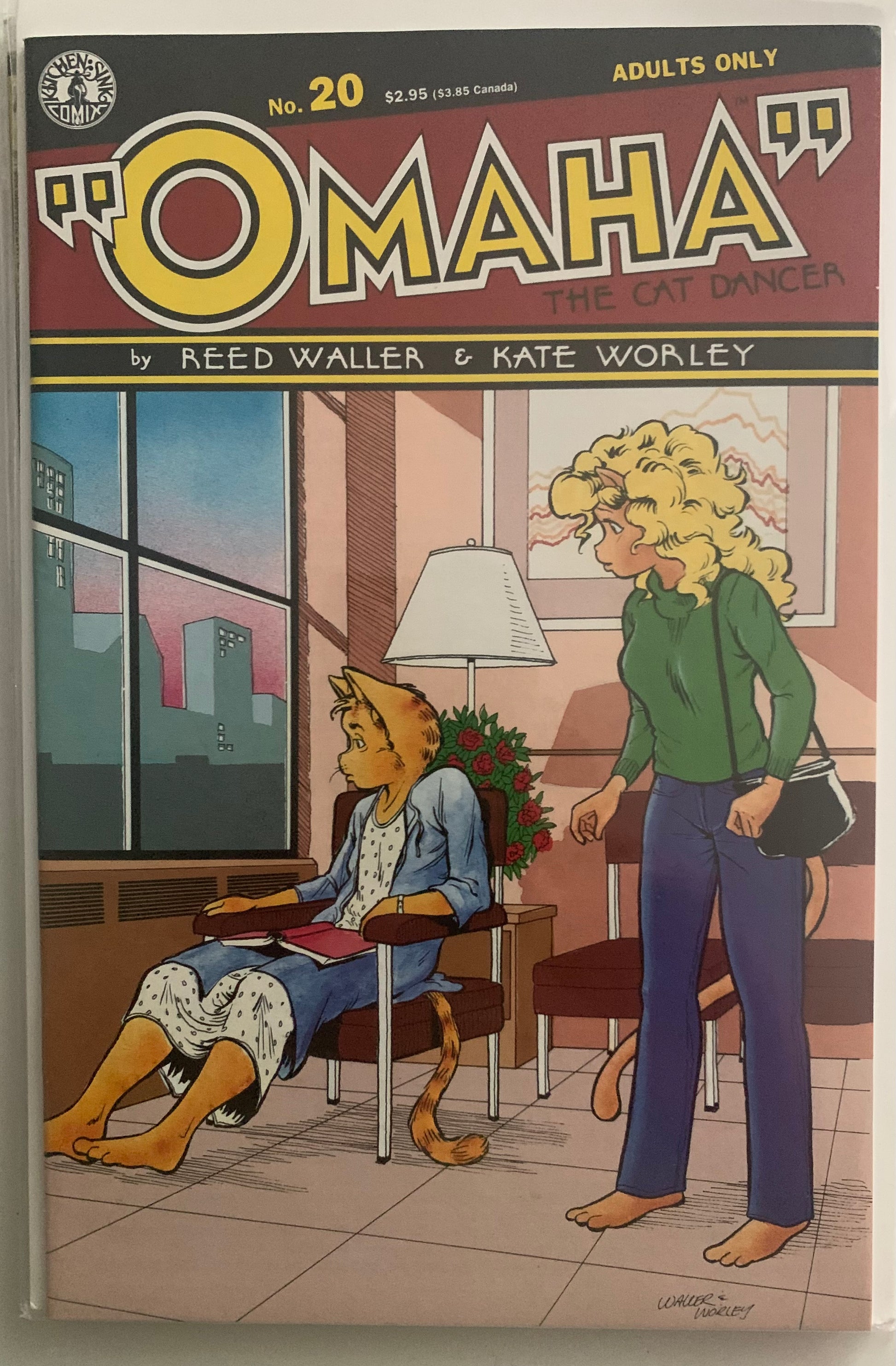 Comic book cover titled 'Omaha' featuring two characters in a room with large windows.
