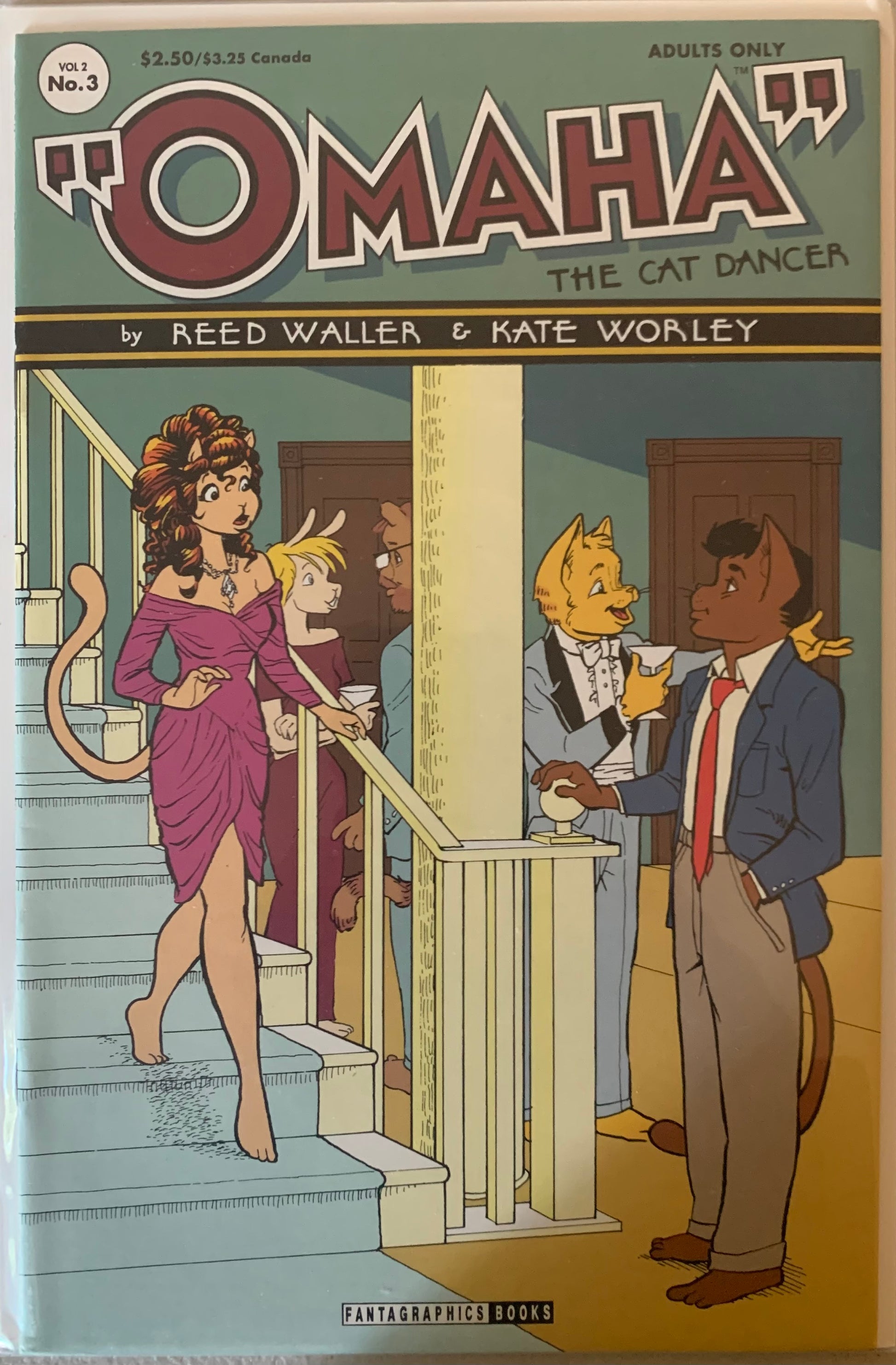 Comic book cover titled 'Omaha, The Cat Dancer' with characters and text.