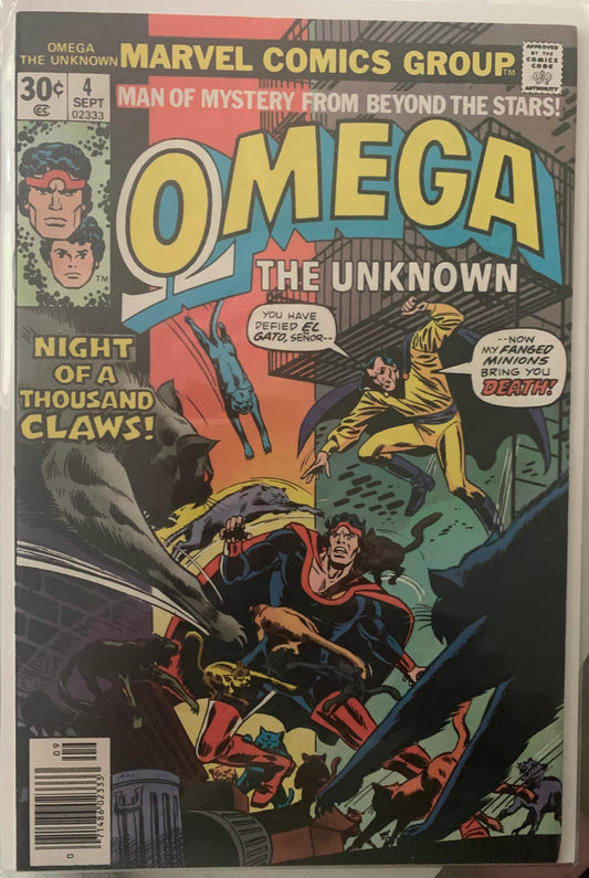 Comic book cover featuring 'Omega The Unknown' from Marvel Comics Group. Night of a Thousand Claws!