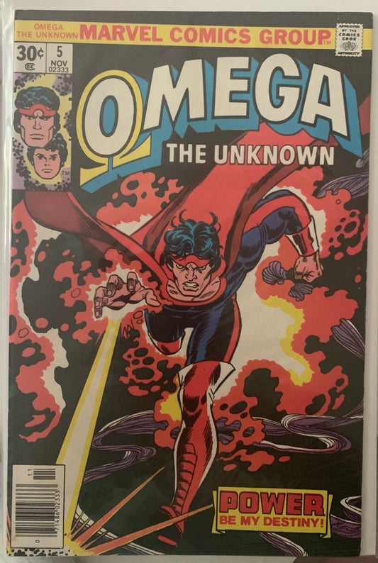 Comic book cover featuring a superhero with 'Omega The Unknown' title. Power be my Destiny!