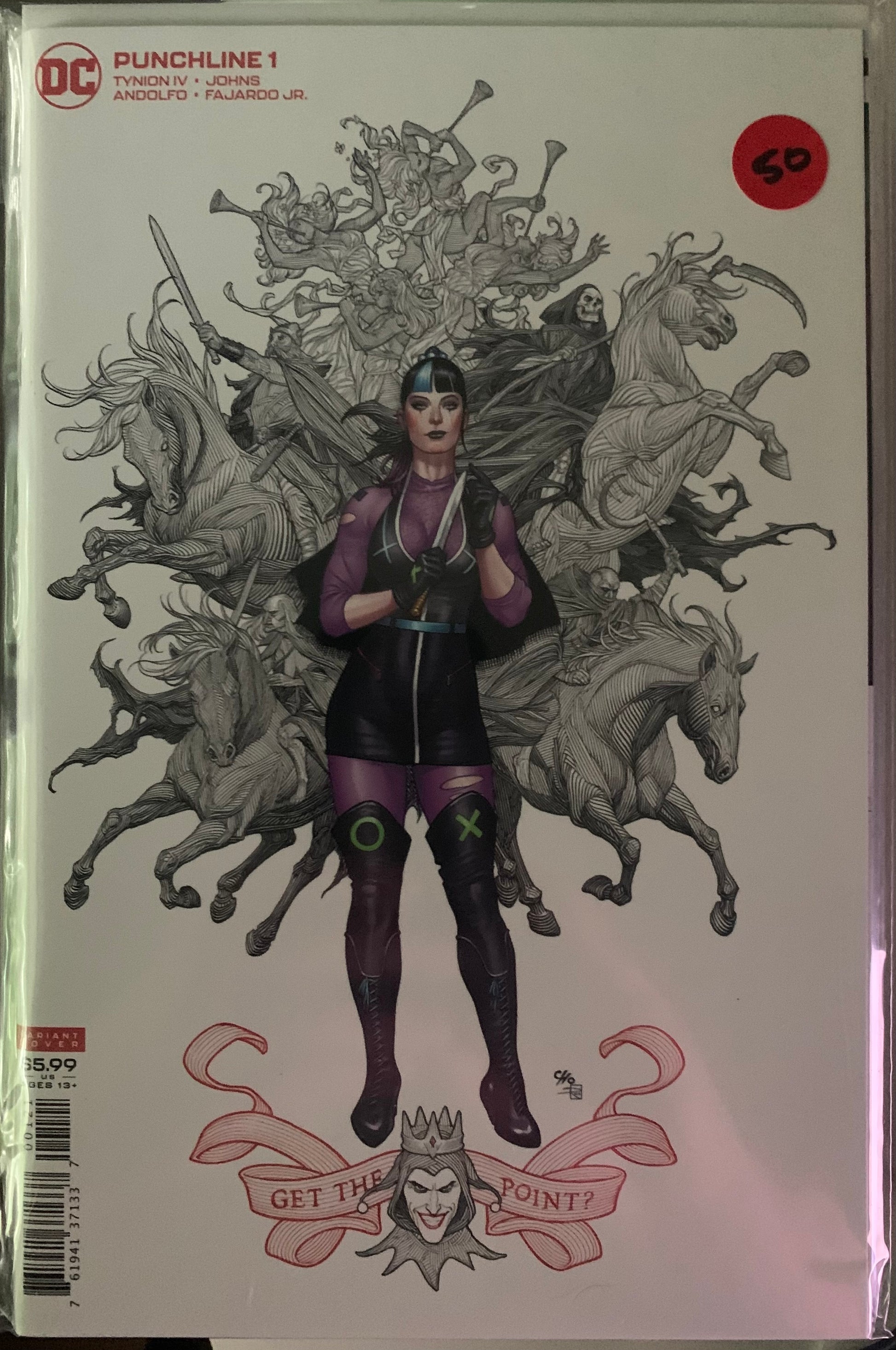 Comic book cover with Punchline surrounded by horses and text. Get the Point?