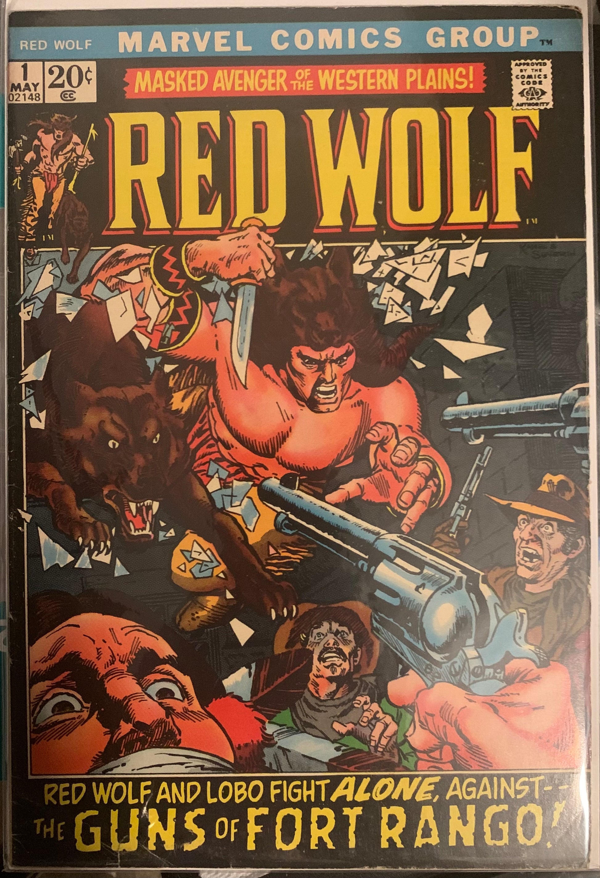 Vintage Comic book cover featuring Red Wolf with a gun and a wolf, titled 'Red Wolf and Lobo Fight Alone Against the Guns of Fort Rango'.