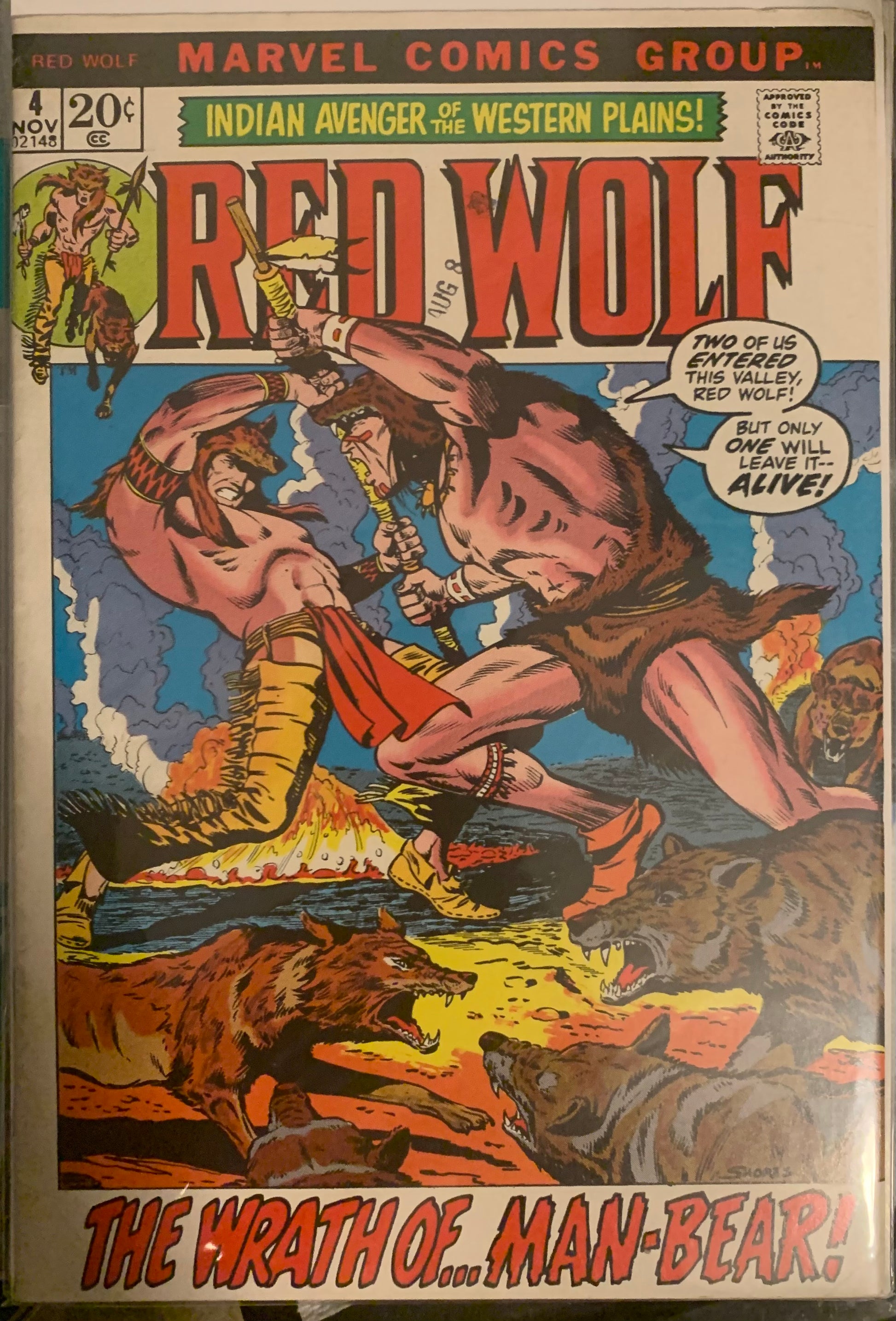 Vintage Comic book cover featuring 'Red Wolf' with action scene and text. The Wrath of... Man-Bear!