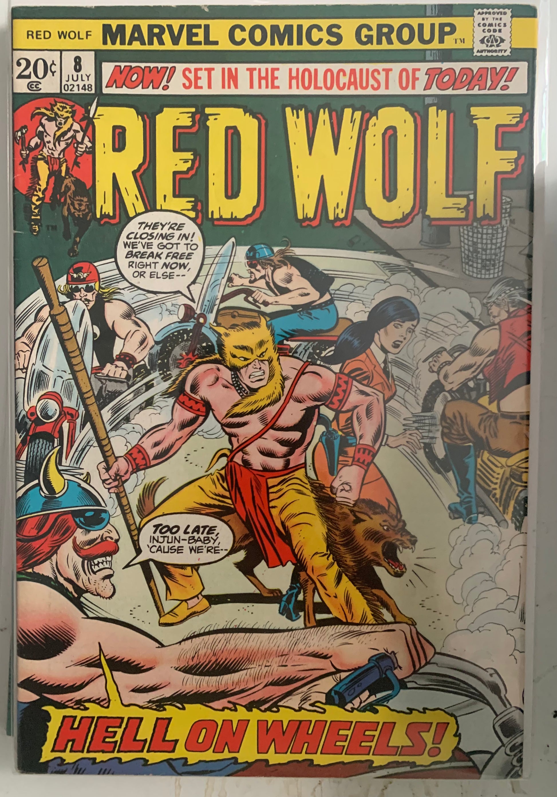 Comic book cover featuring 'Red Wolf' with action-packed scene and text. Hell on Wheels!