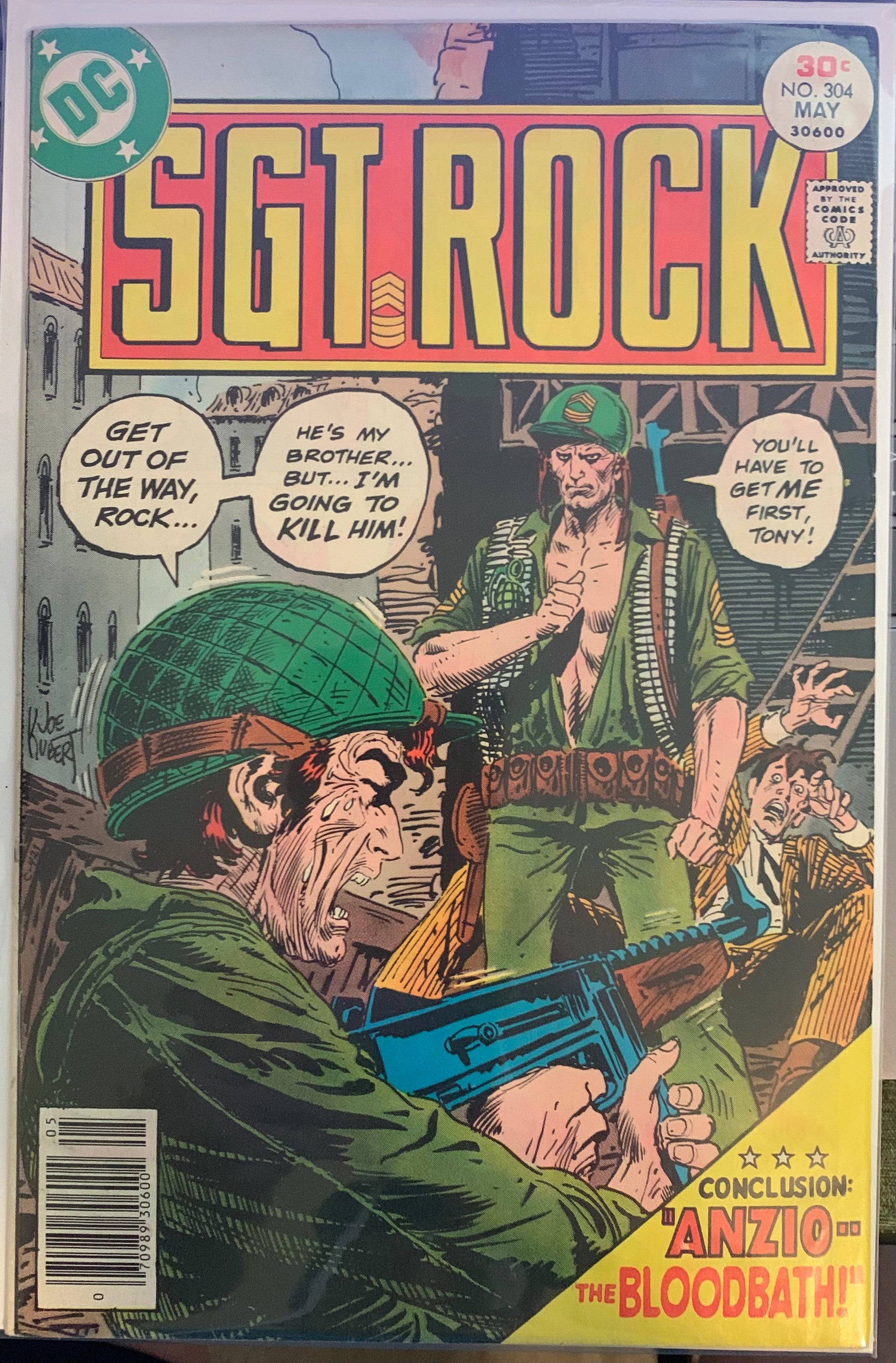 Vintage Comic book cover of 'Sgt. Rock' with soldiers, a gun, and a dramatic scene.