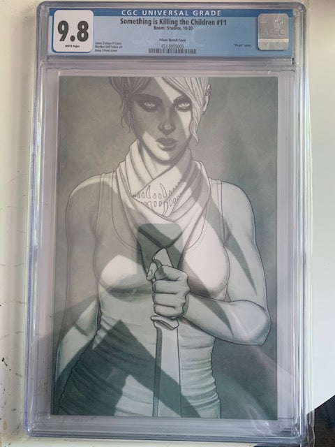 Graded Comic book cover with a 9.8 in a protective CGC case.Character on the cover holding a machette