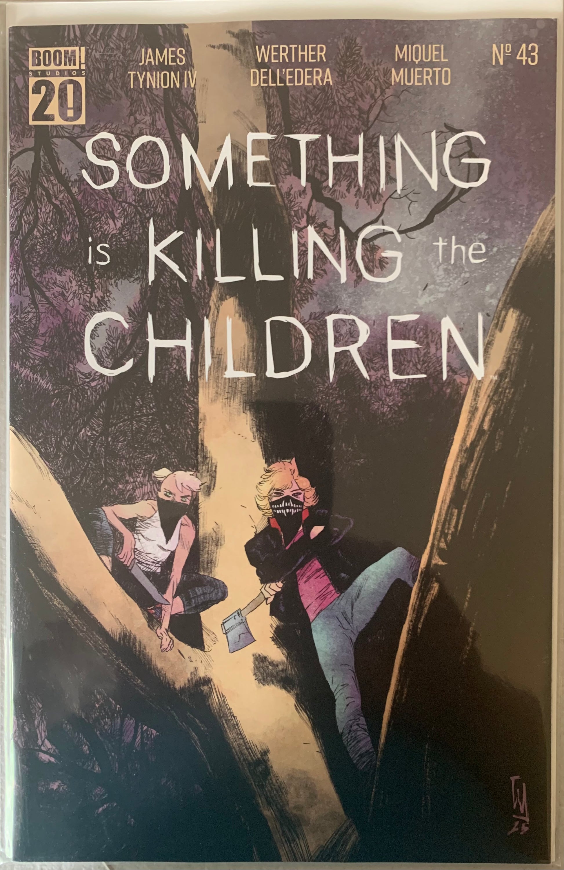 Comic book cover of 'Something is Killing the Children' with two masked characters with an axe and a knife and a dark forest background.