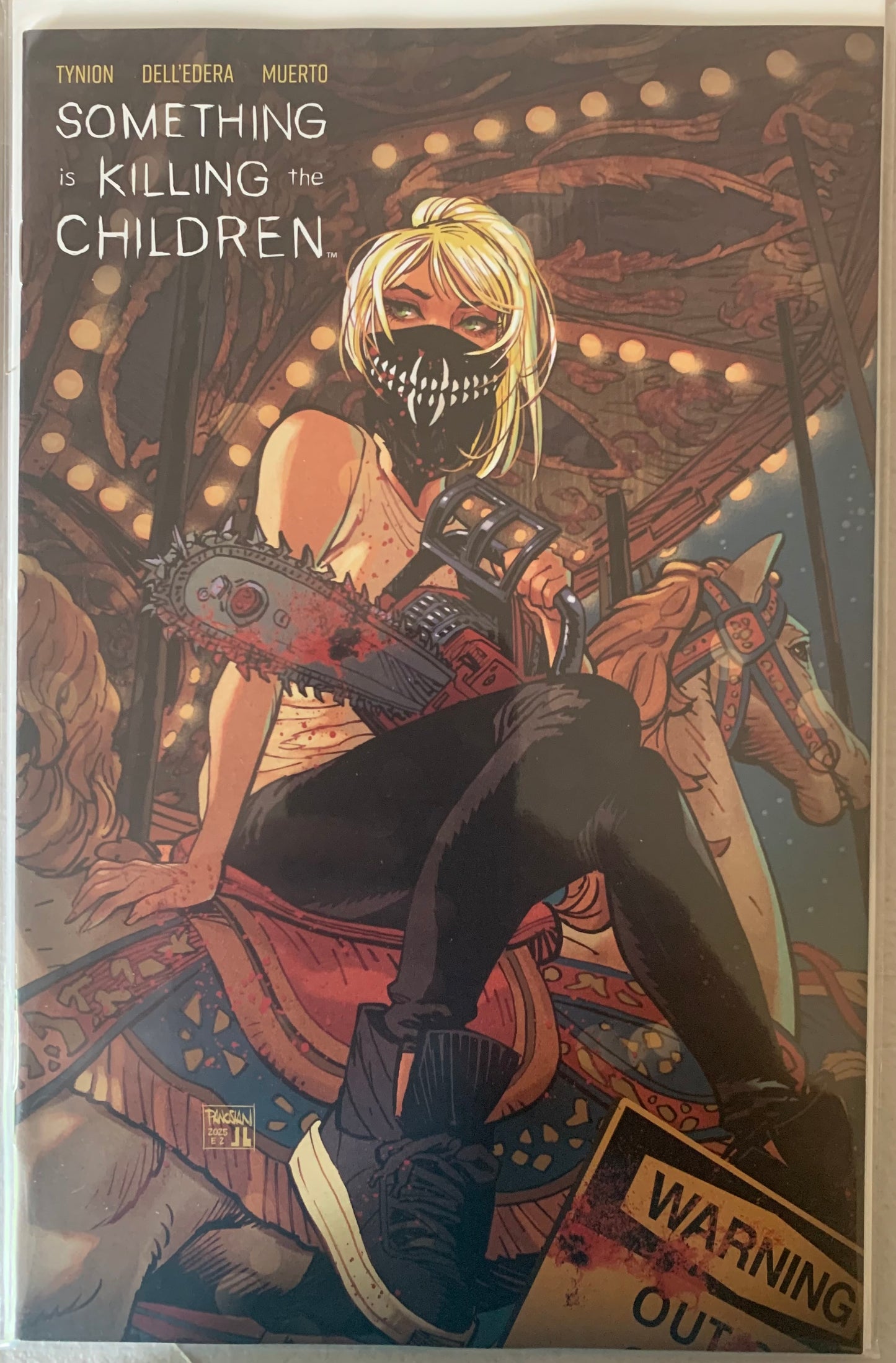 Comic book cover featuring a female character in a mask who battles monsters holding a bloody chainsaw on a carousel background