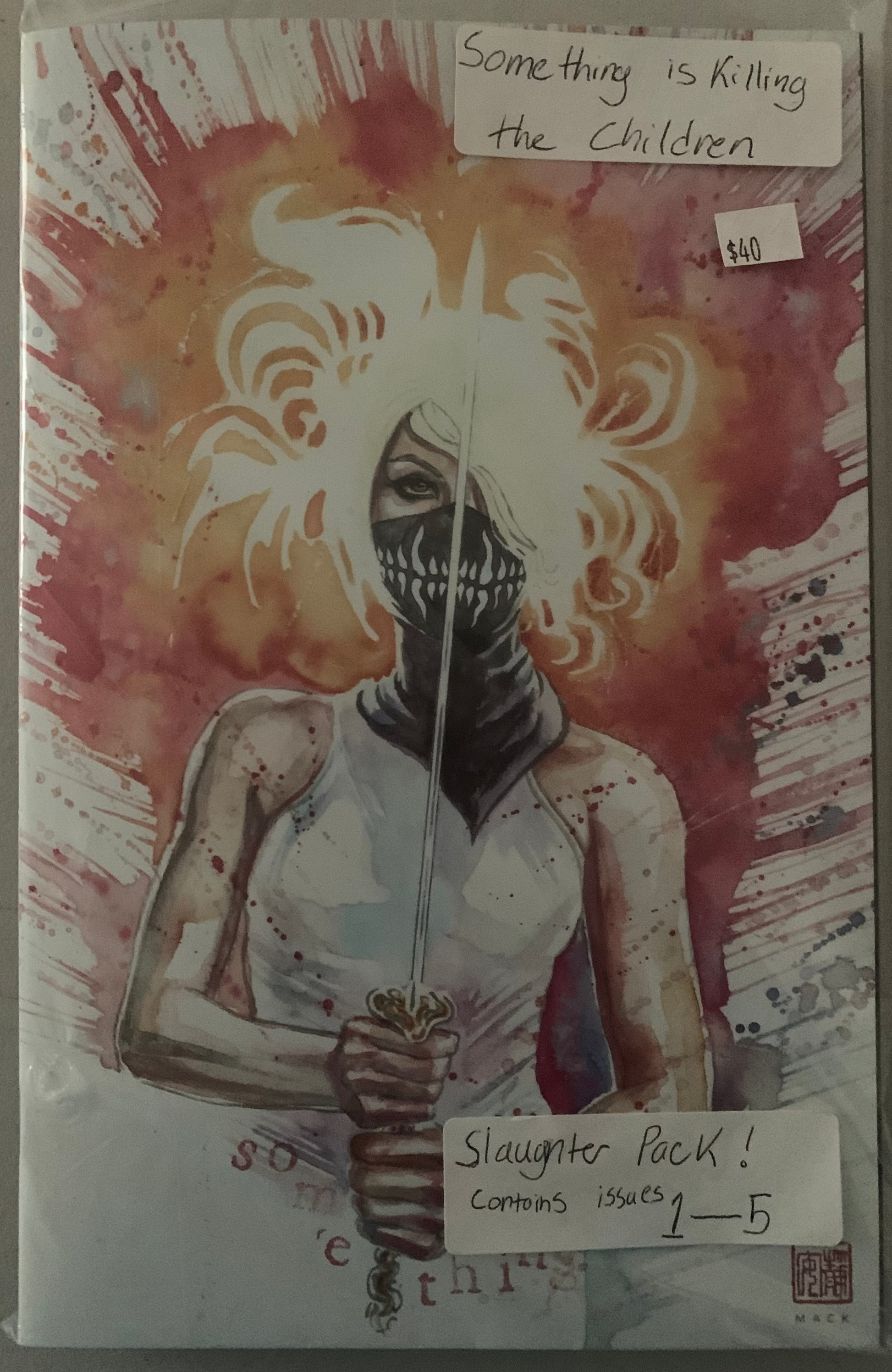 Comic book cover with a character holding a sword and text 'Something is Killing the Children' on a plain background. Issues 1-5