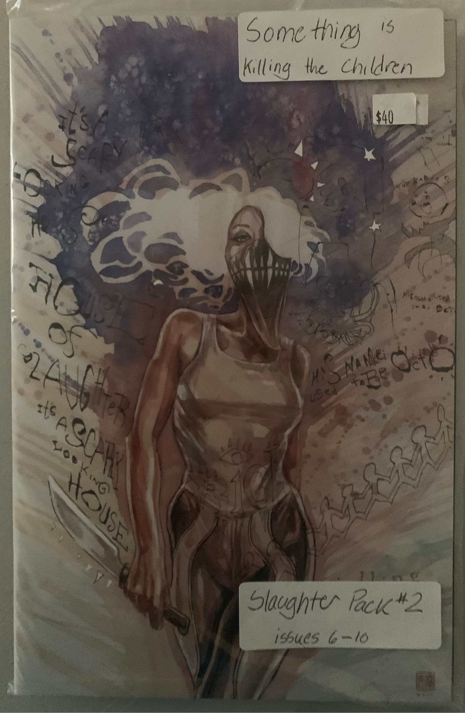 Comic book packaging with a stylized illustration of a woman holding a knife and text.