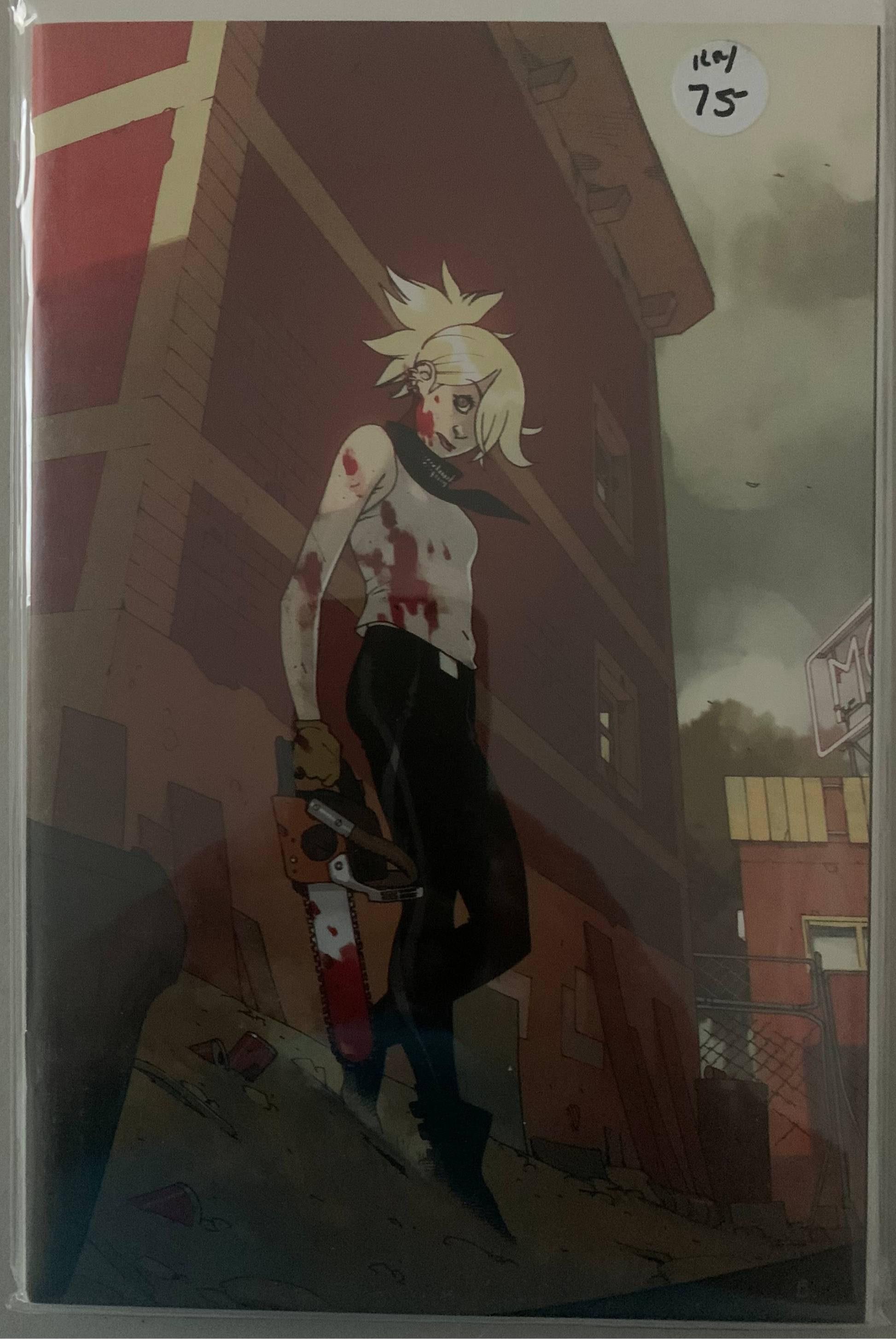 Comic Book Cover with an Anime-style character with a chainsaw in an urban setting