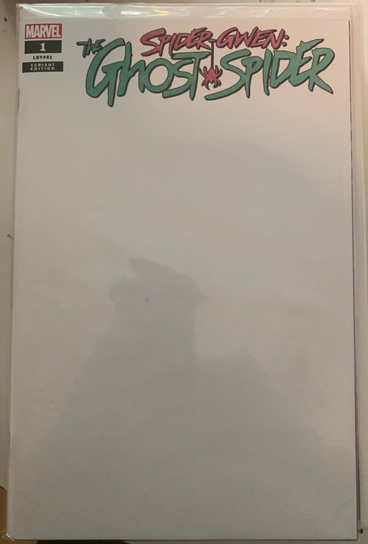 Comic book cover titled 'Ghost Spider' with colorful title on a blank, white background